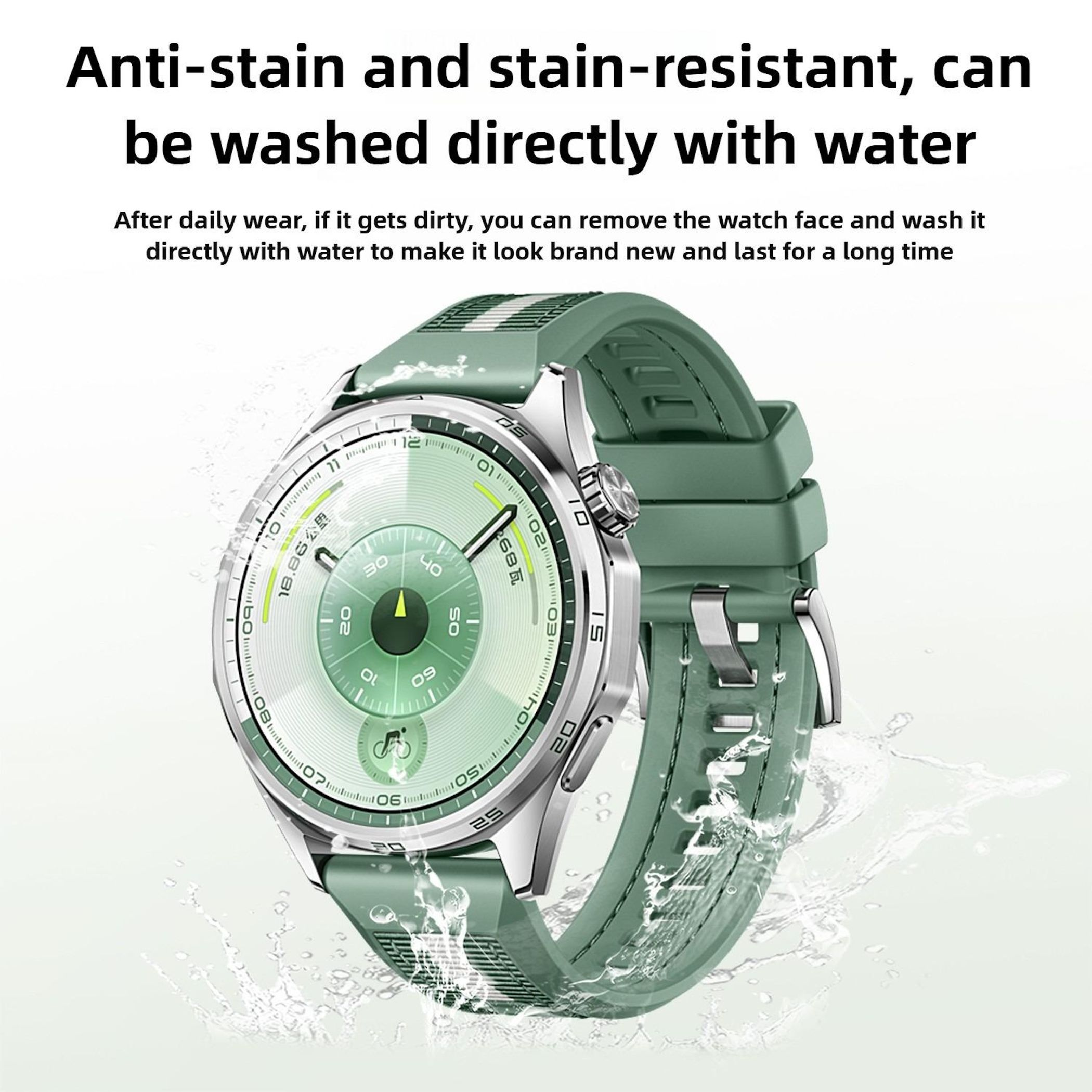 Eine grüne Smartwatch mit rundem Zifferblatt und grünem Armband. Wassertropfen umgeben die Uhr, was auf Waschbarkeit hindeutet.