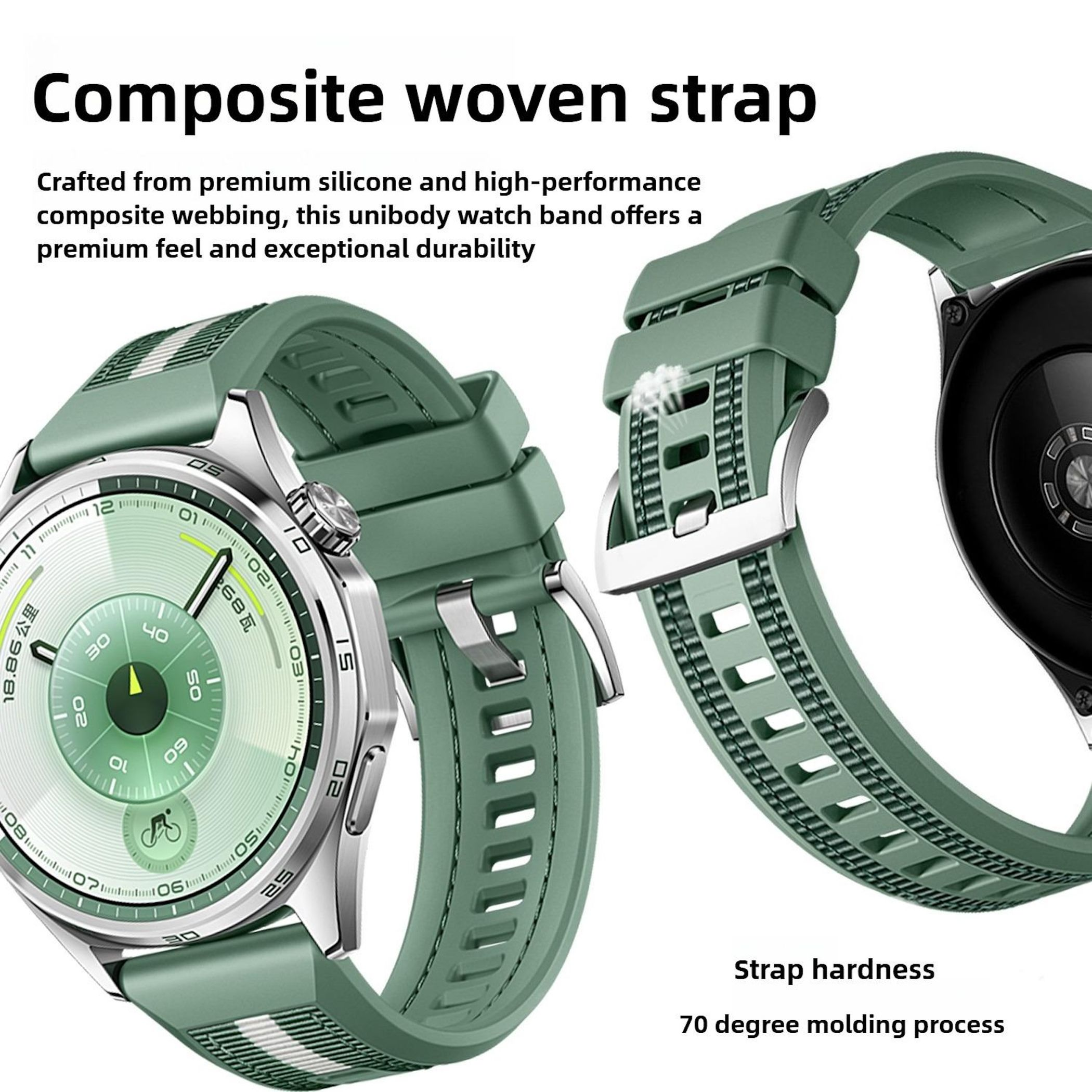 Grüne Uhr mit gewebtem Armband. Die Uhr hat ein silbernes Gehäuse und ein kreisförmiges Zifferblatt.