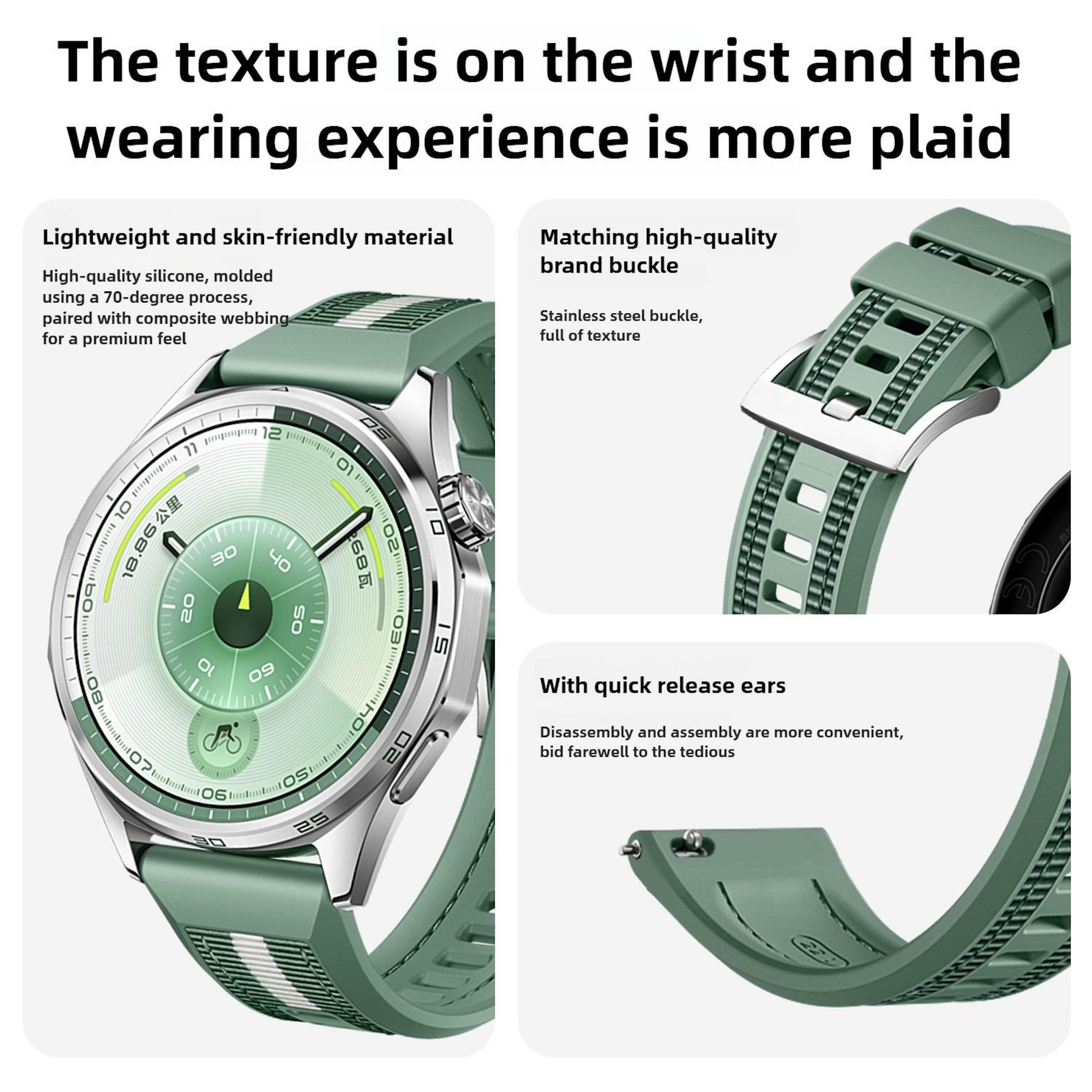Eine grüne Smartwatch mit silberner Lünette. Nahaufnahmen zeigen Armbanddetails und Schnalle.