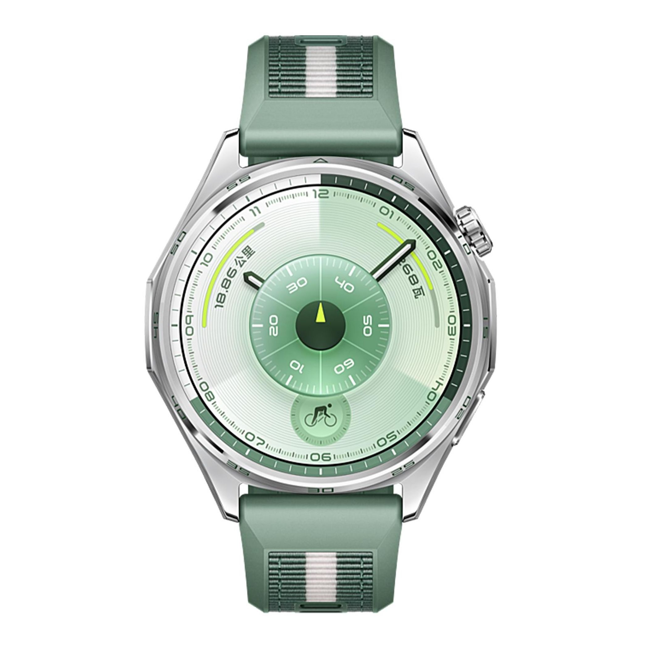 Eine grüne Smartwatch mit silbernem Gehäuse und grünem Armband, die Zeit und Fitnessdaten anzeigt.