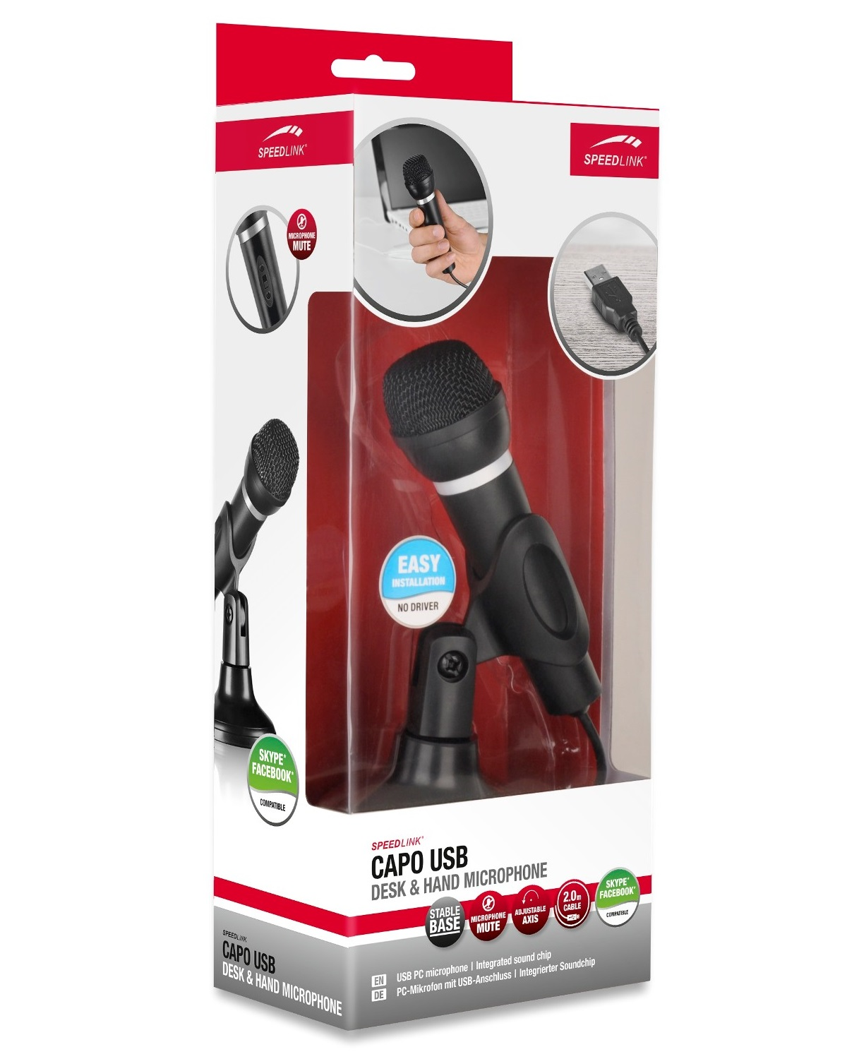 Ein Speedlink Capo USB Tisch- und Handmikrofon in seiner Verpackung. Die Box zeigt Bilder des Mikrofons, ein schwarzes Gerät mit silbernem Sockel.