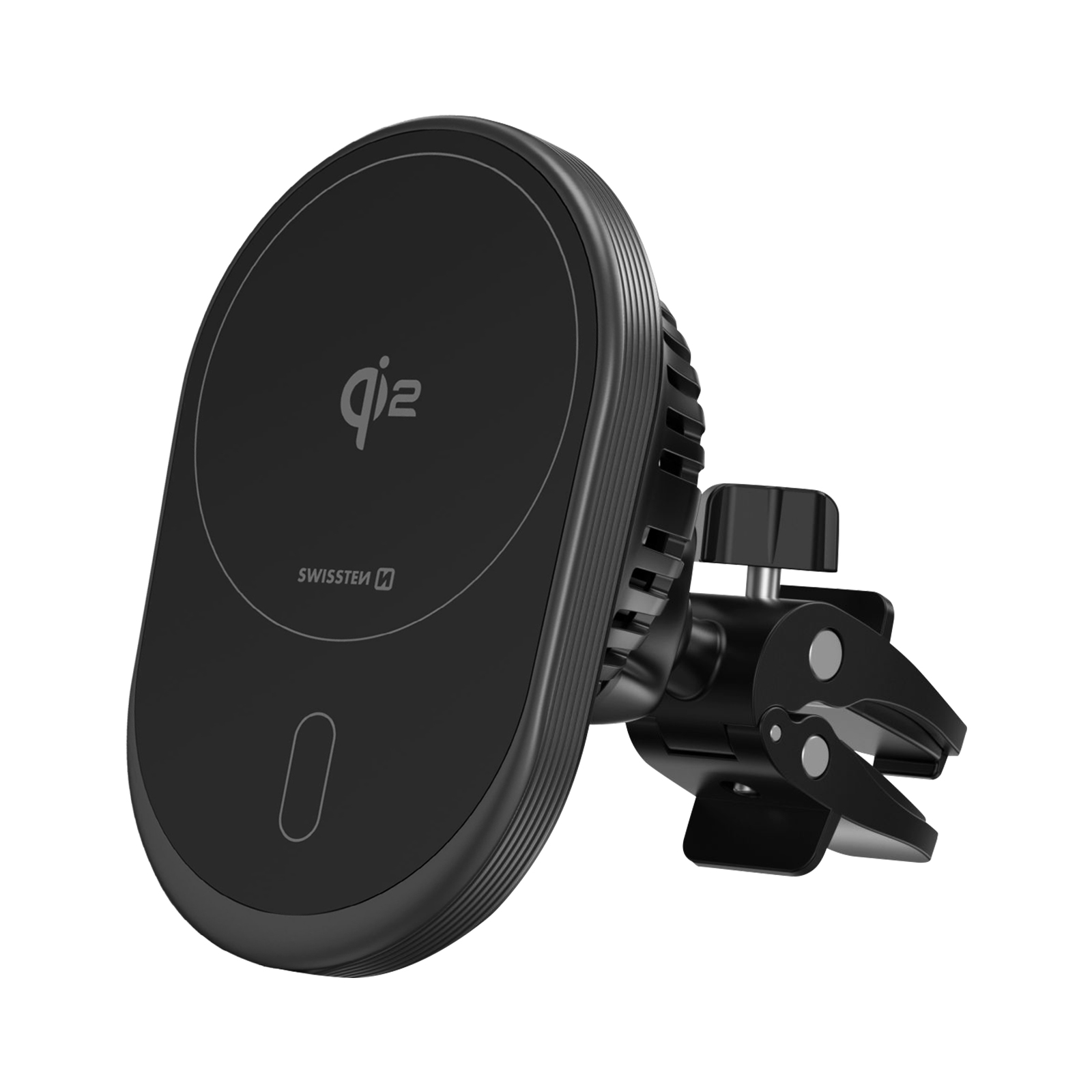 Supporto per telefono da auto nero con logo Qi e testo Swisssten. Ha un cuscinetto magnetico e una clip per attaccarsi alle bocchette.