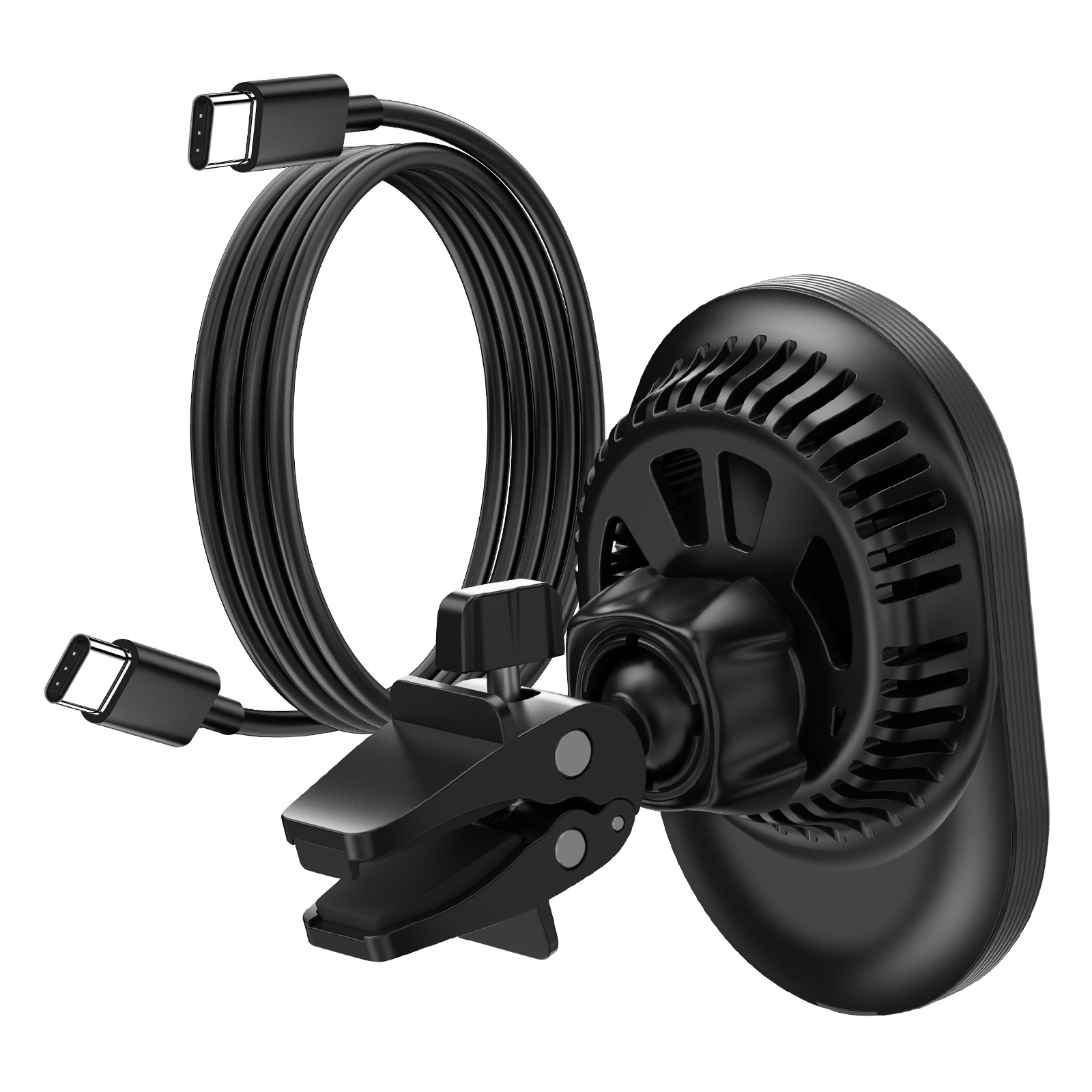 Supporto per telefono nero per bocchetta dell'auto con cavo USB-C. Ha una clip per la bocchetta e una testa magnetica rotonda.