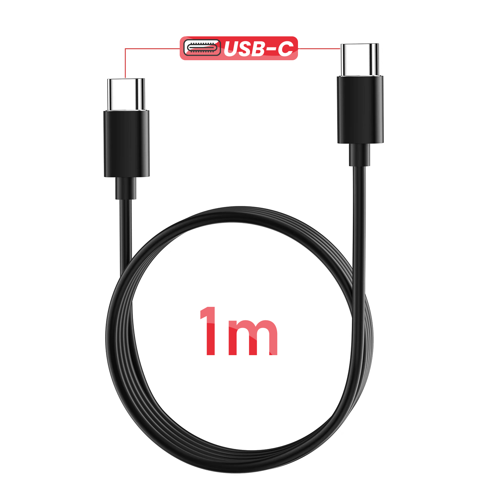 Cavo USB-C nero, lungo 1 metro, su sfondo bianco. Il cavo forma un cerchio con un '1m' rosso all'interno.