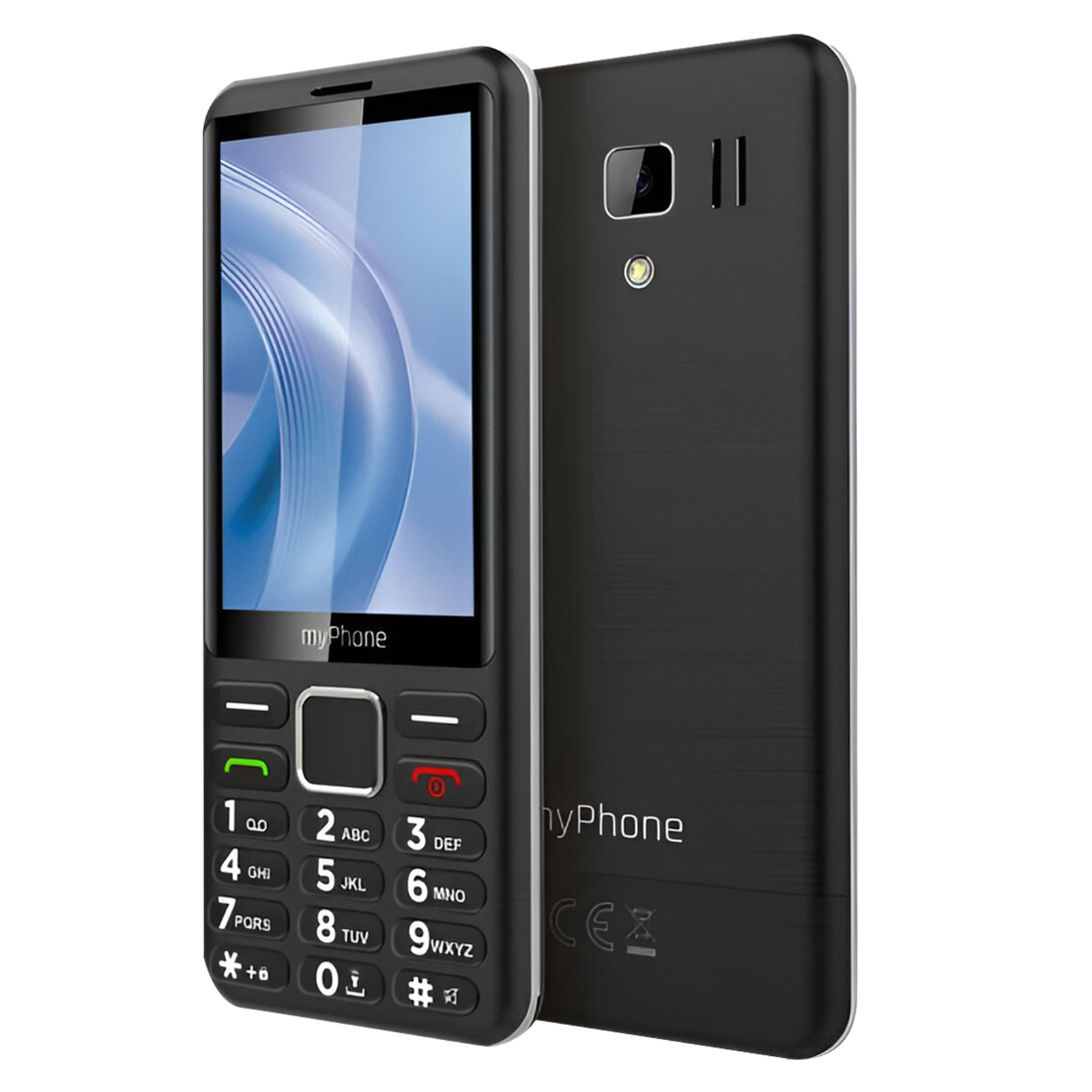 Un myPhone negro con una pantalla que muestra ondas azules. Tiene teclado, cámara y el logotipo de la marca.