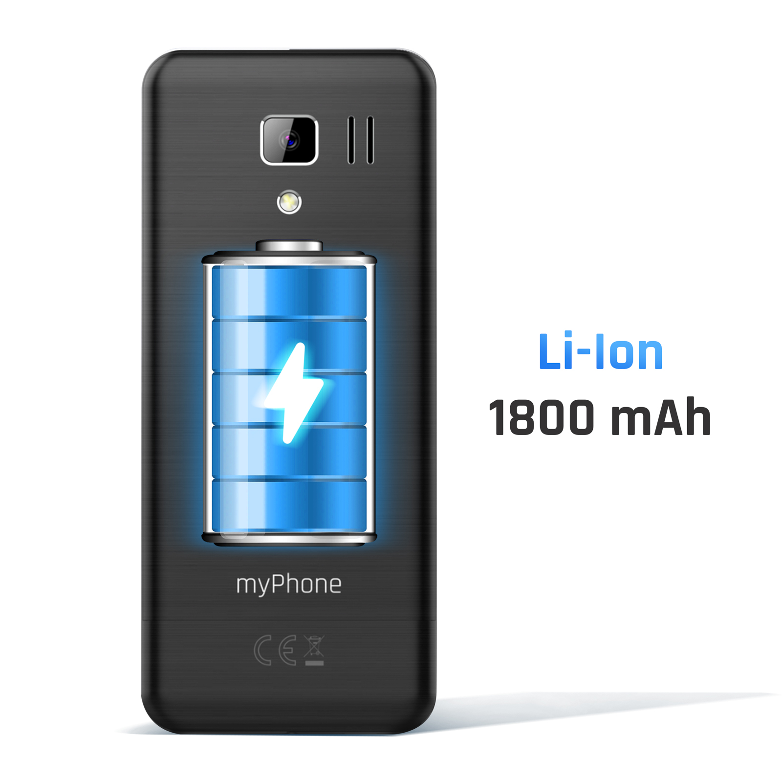 Parte trasera de teléfono negro con cámara, icono de batería con rayo y texto 'Li-ion 1800 mAh'.