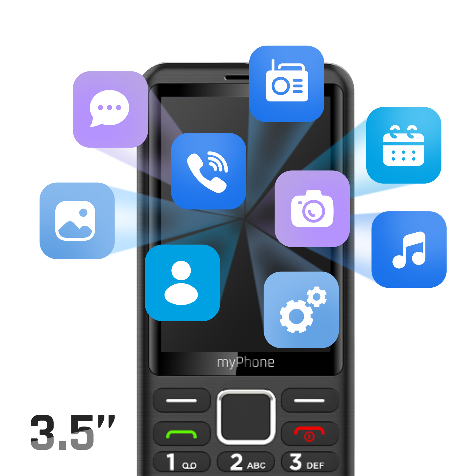 Un myPhone negro con iconos de aplicaciones. Pantalla de 3,5". Los iconos incluyen mensajería, teléfono, galería, contactos, ajustes, radio, cámara, calendario y música.