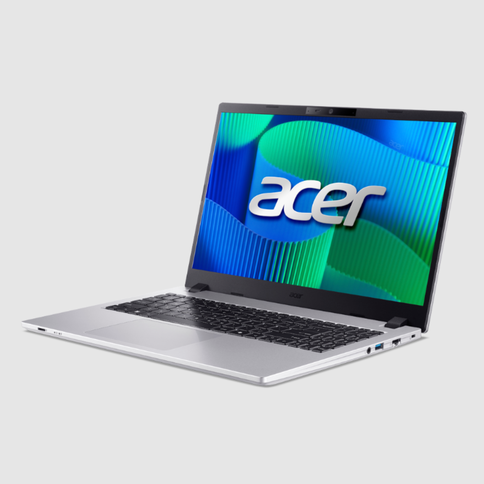 Silberner Acer-Laptop geöffnet, Bildschirm zeigt blau-grünes Wellendesign mit Acer-Logo.