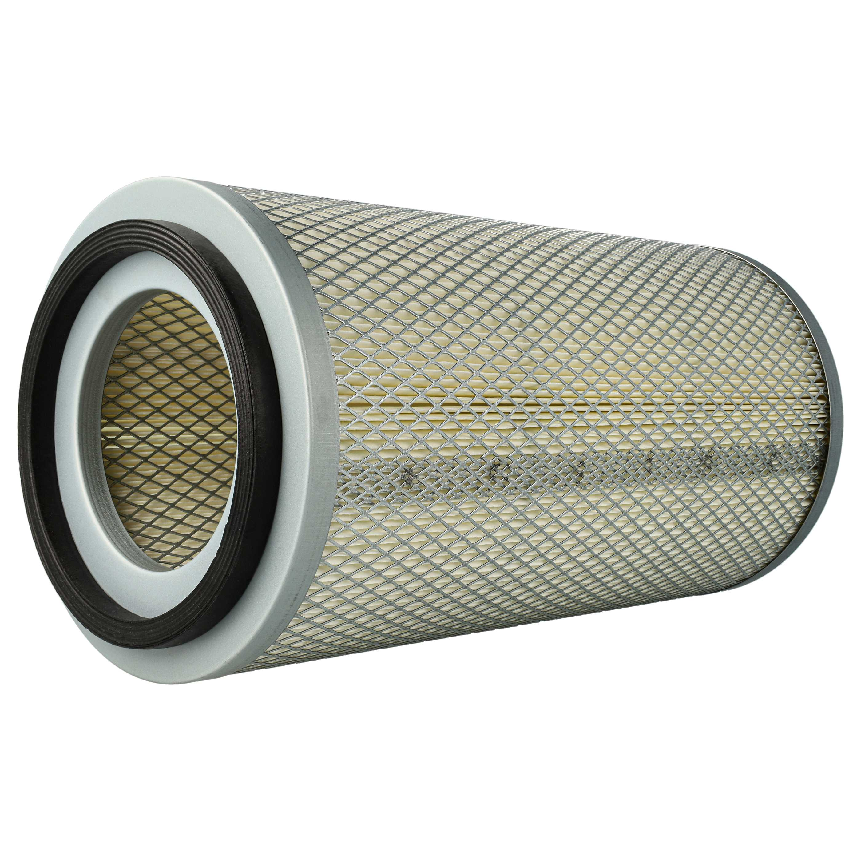 Ein zylindrischer Luftfilter mit Metallgitter außen, schwarzen Gummidichtungen und beigem Filter innen.