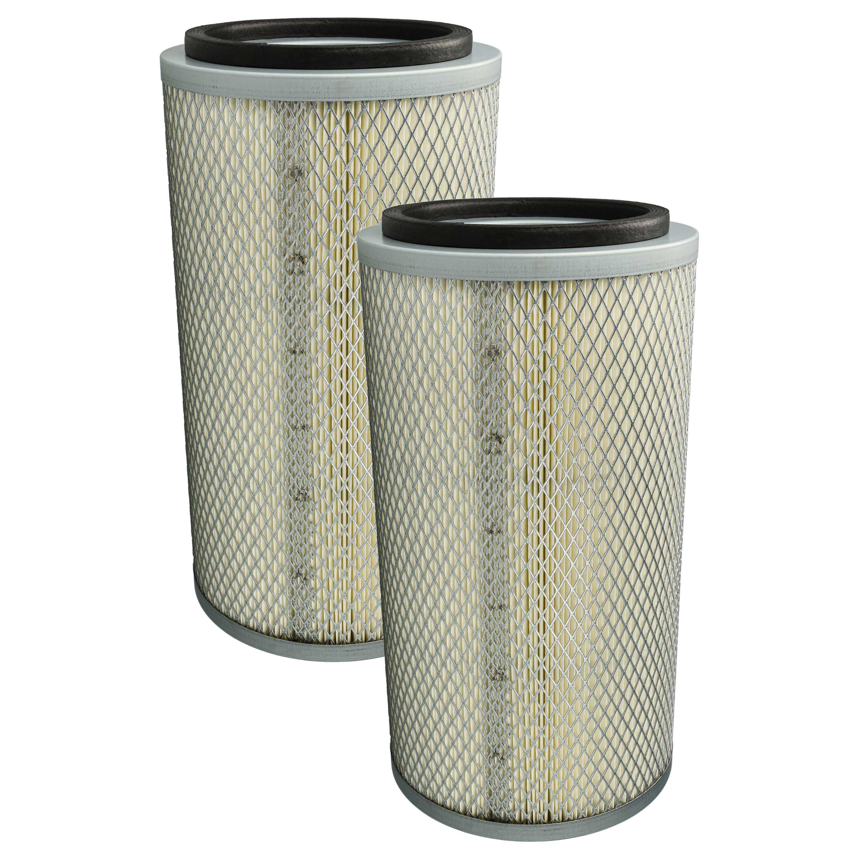 Zwei zylindrische Luftfilter werden gezeigt. Jeder Filter hat ein Metallgitter außen und einen schwarzen Gummiring oben.