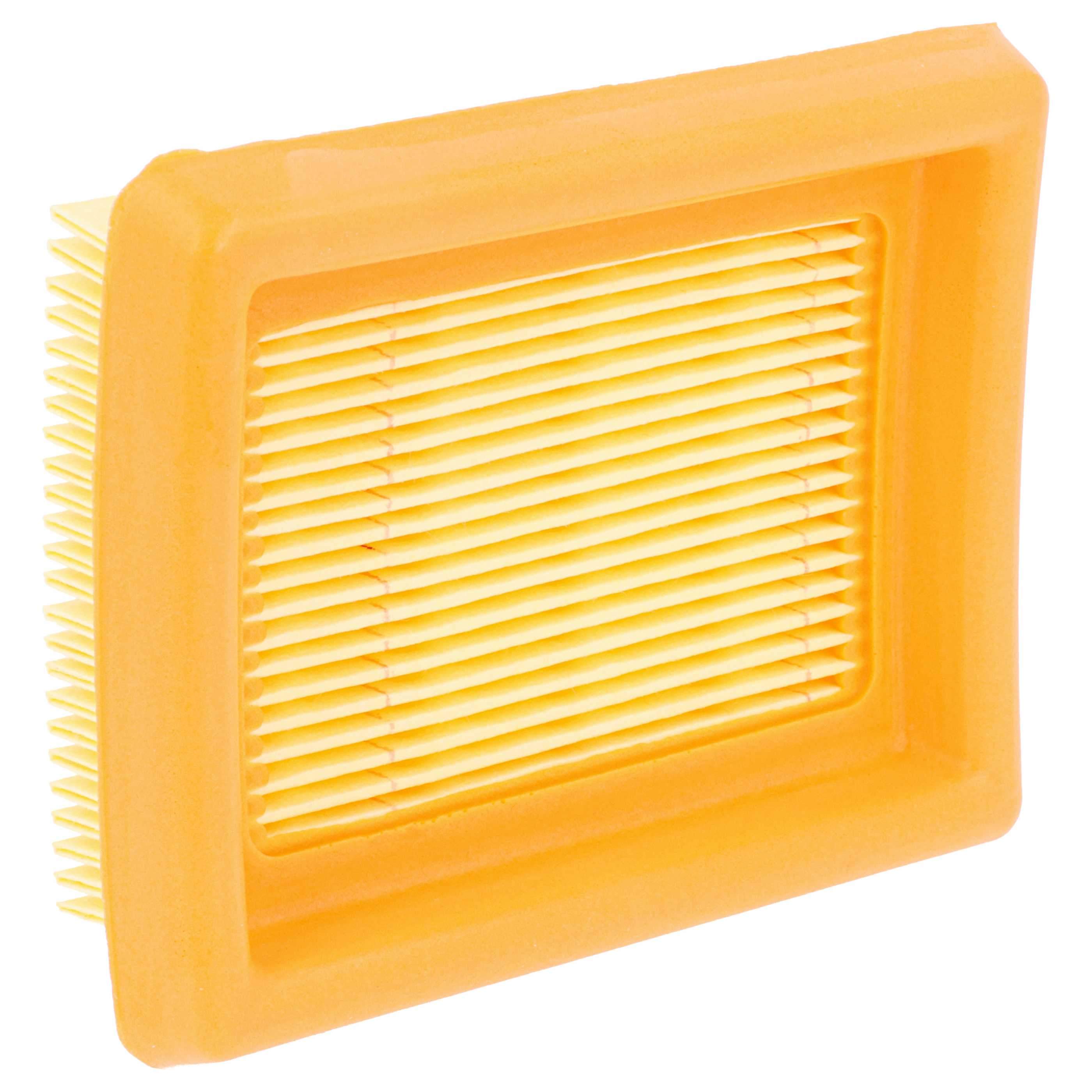 Ein orangefarbener Luftfilter mit horizontalen gelben Lamellen auf weißem Hintergrund.