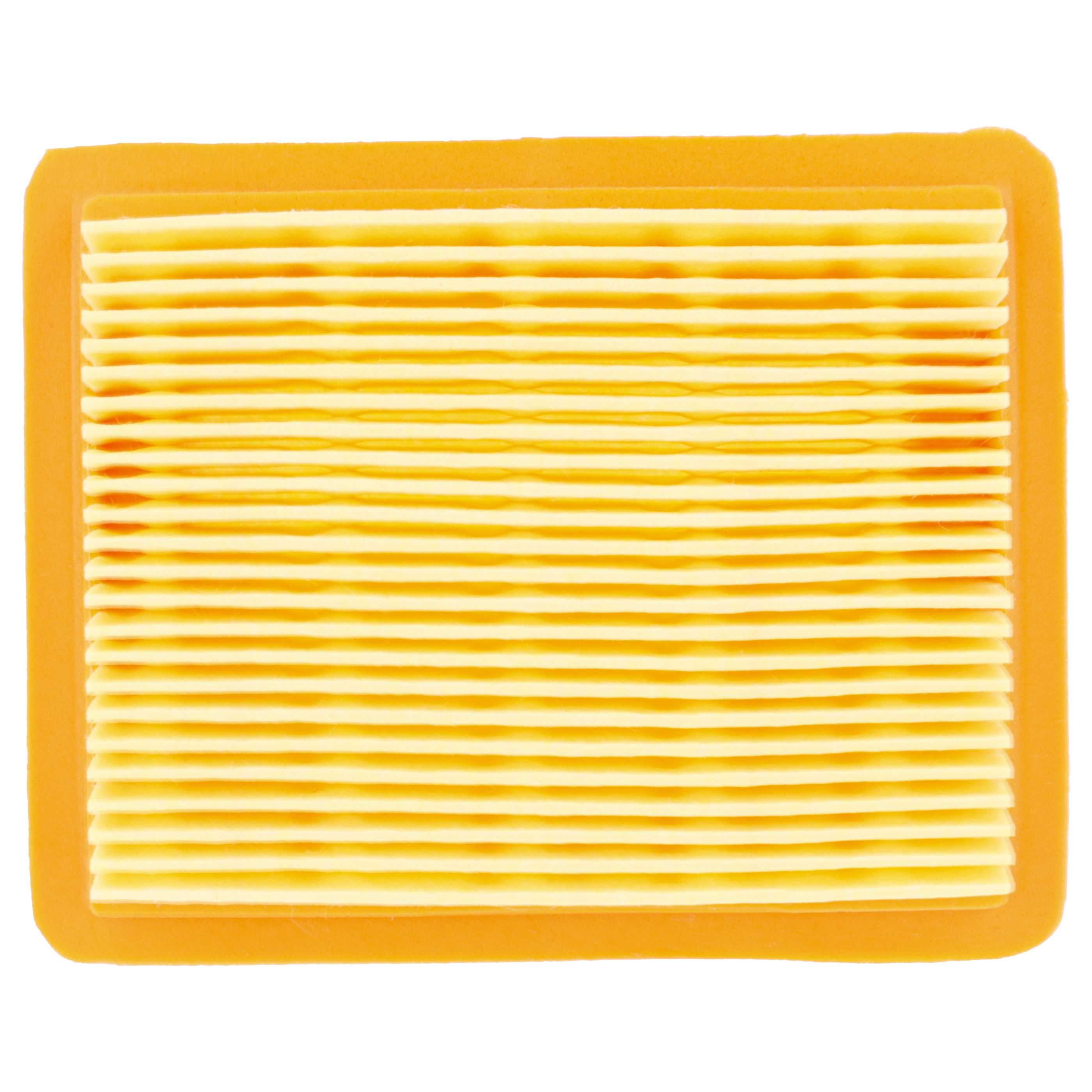 Ein rechteckiger Luftfilter mit einem gelb-orangen Rahmen und gefaltetem, hellgelbem Filtermaterial.