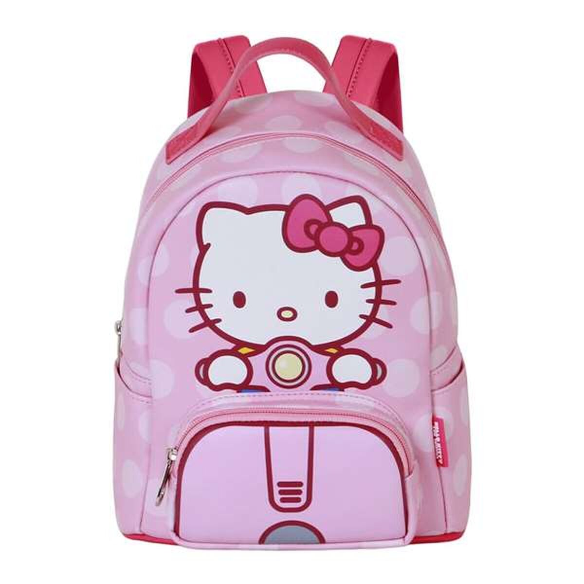 Ein pinkfarbener Hello Kitty-Rucksack mit weißen Tupfen. Er zeigt Hello Kittys Gesicht und eine Vordertasche.