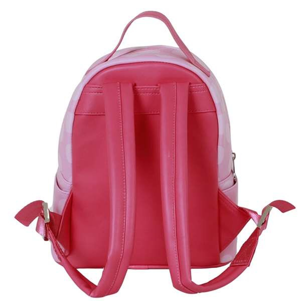 Ein rosa Rucksack mit zwei Schultergurten und einem oberen Griff. Er hat ein helleres rosa Tupfenmuster auf der Oberseite.