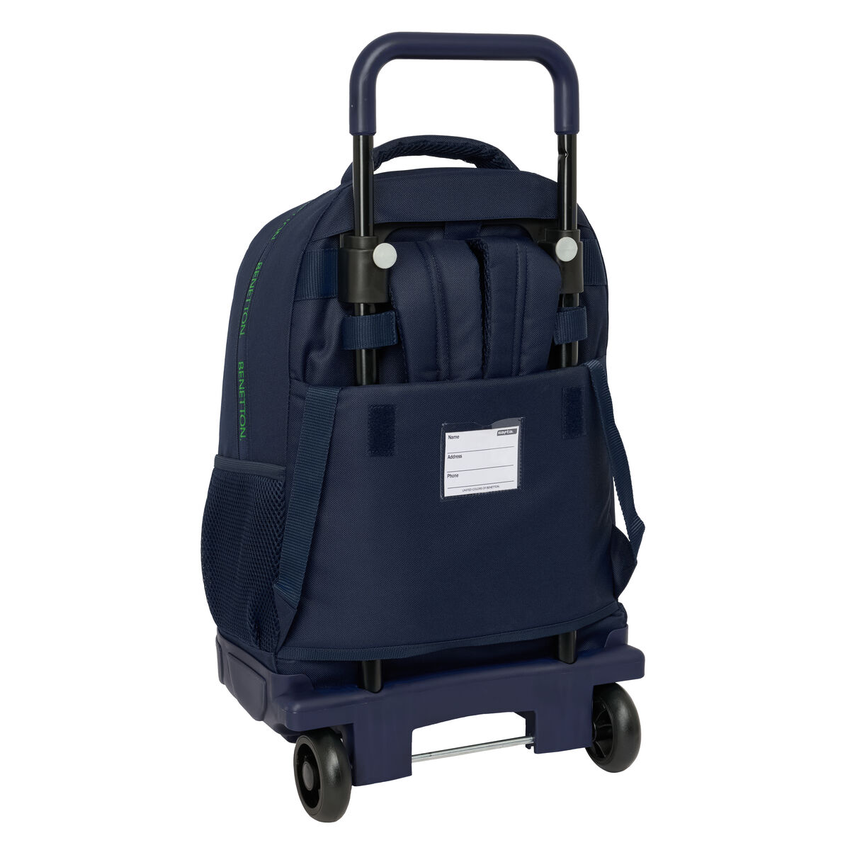 Ein marineblauer Rollrucksack mit Griff. Räder befinden sich am Boden. Der Rucksack hat das Benetton-Logo.