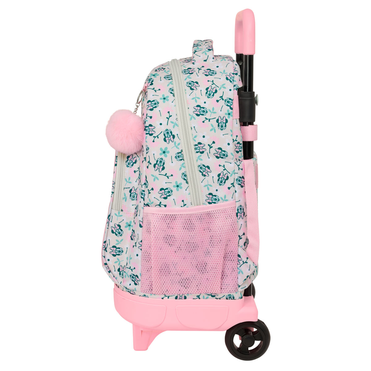 Ein rosa Rollrucksack mit Blumen- und Minnie-Mouse-Print. Er hat einen rosa flauschigen Ball, eine Netztasche und einen ausziehbaren Griff.
