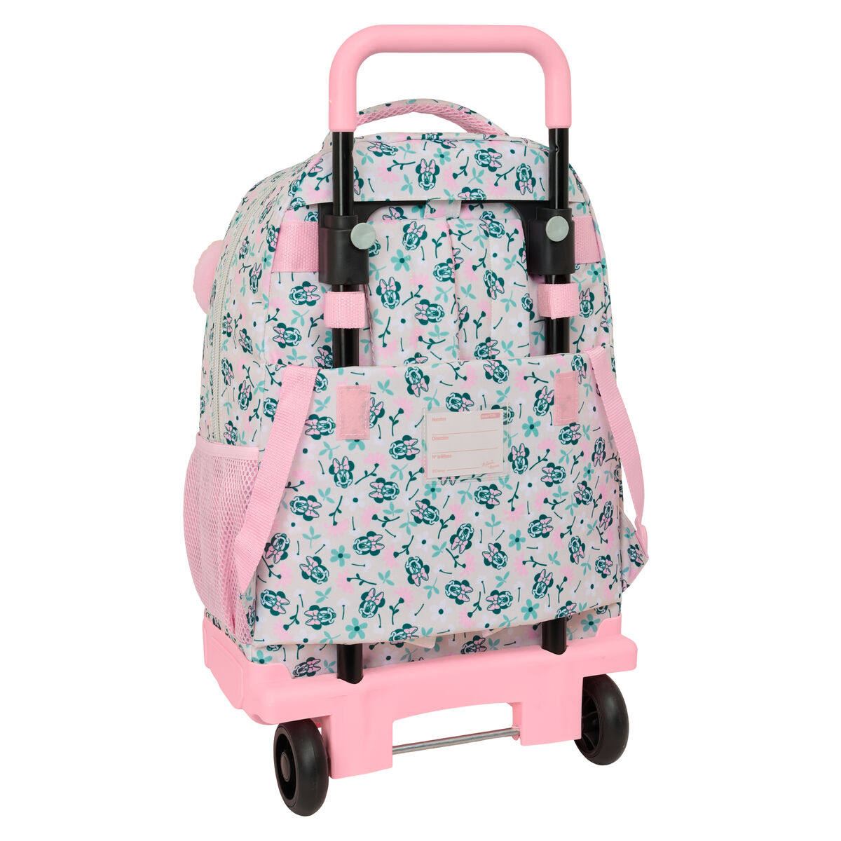 Rosa und weißer, floraler Rollrucksack. Mit rosa Griff, schwarzen Stützen, rosa Rädern und einer seitlichen Netztasche.