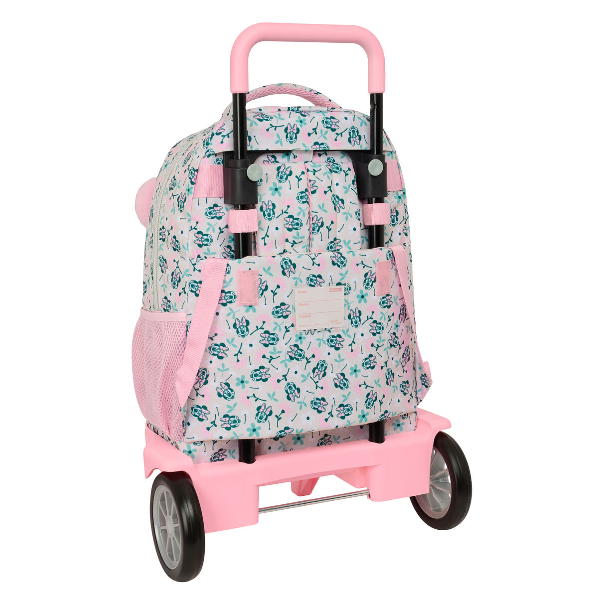 Ein rosa Rollrucksack mit Blumen- und Minnie-Mouse-Mustern. Er hat einen Griff, zwei Räder und eine Seitentasche aus Netz.