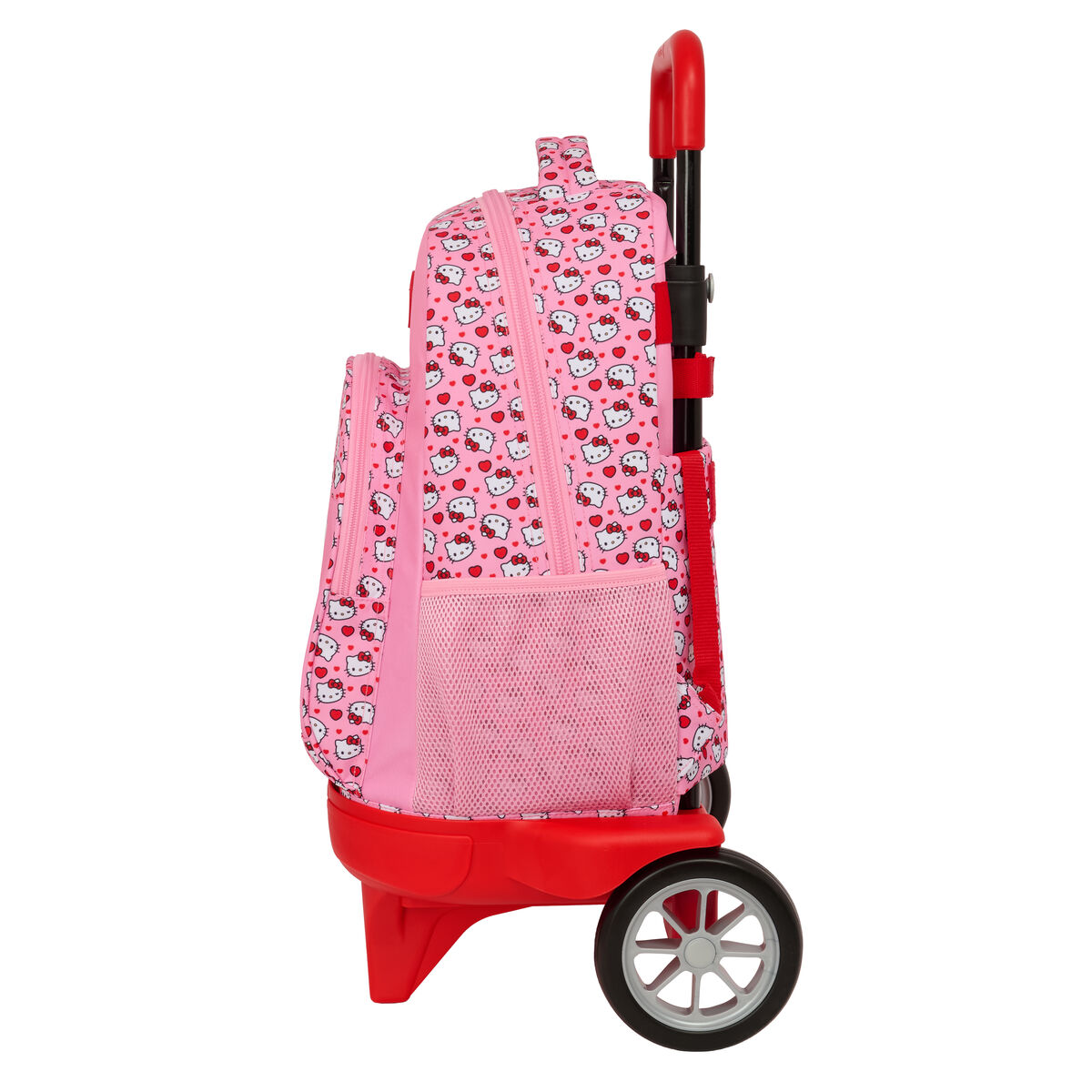 Ein rosa rollender Rucksack mit Hello Kitty-Muster. Er hat rote Akzente, eine Netztasche und einen ausziehbaren Griff.
