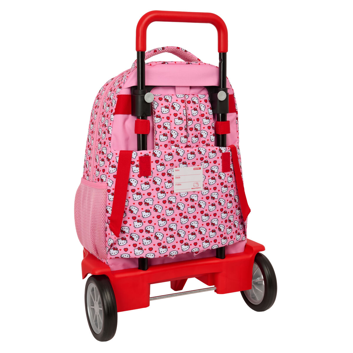 Ein pinkfarbener Hello-Kitty-Rollrucksack. Er hat einen roten Griff und Rahmen. Die Räder sind grau und er hat eine Seitentaschentasche.
