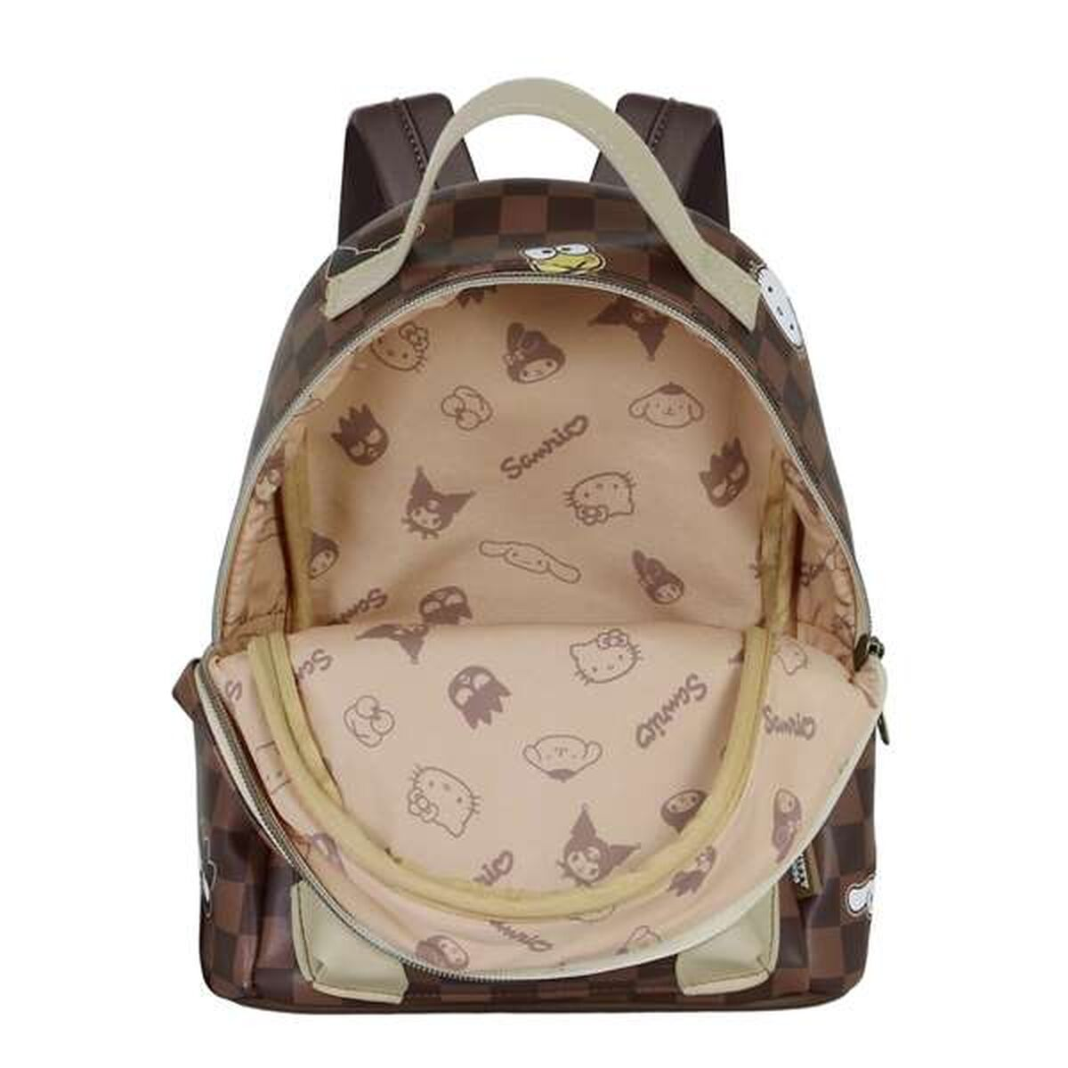 Brauner karierter Rucksack, geöffnet. Innenfutter mit Cartoon-Figuren. Tragegriff, Schultergurte. Sanrio-Thema.