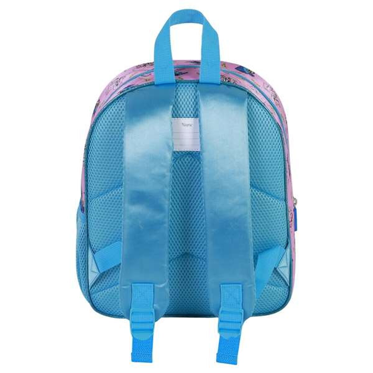 Una mochila azul y rosa se muestra desde atrás. Tiene correas y asa azules. El fondo es blanco.
