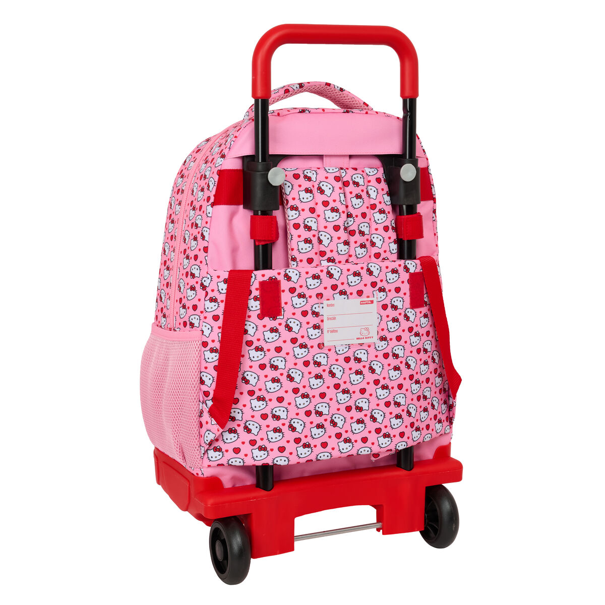 Rosa Hello Kitty Rucksack mit Rollen. Roter Griff und Räder. Muster aus Hello Kitty Gesichtern und Herzen. Seitentasche aus Netz.