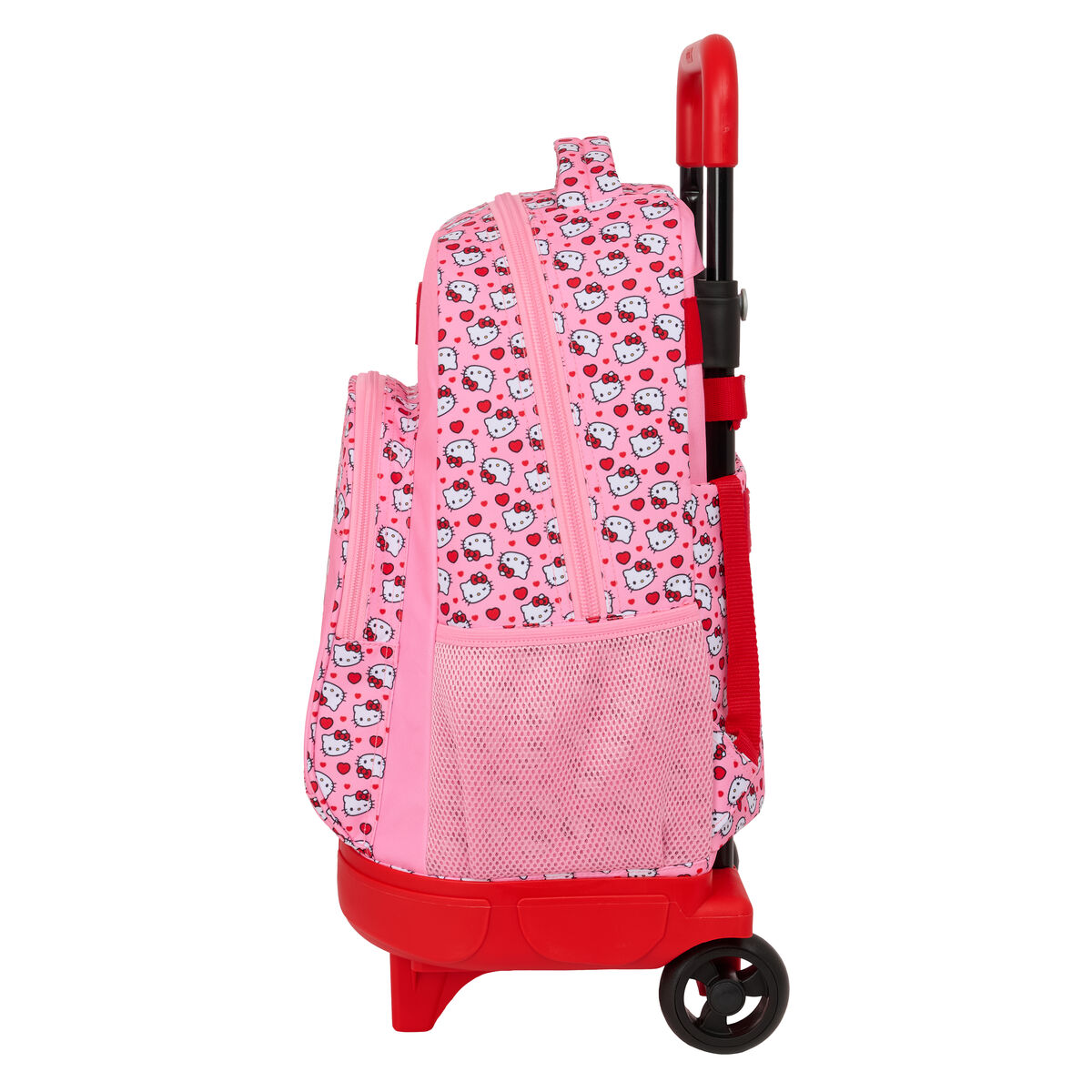 Ein pinkfarbener Hello Kitty Rollrucksack mit roten Akzenten. Inklusive Griff, Rädern und mehreren Taschen. Das Muster zeigt Hello Kitty und Herzen.