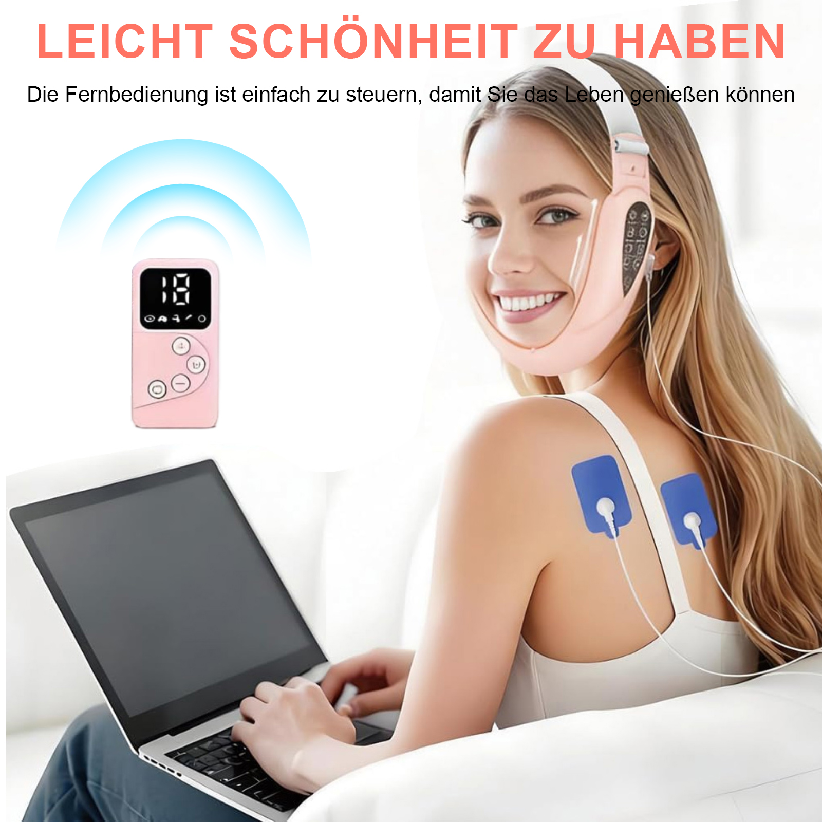 Frau mit Gesichtsgerät, benutzt Laptop und hat Elektroden auf der Schulter. Fernbedienung im Bild.