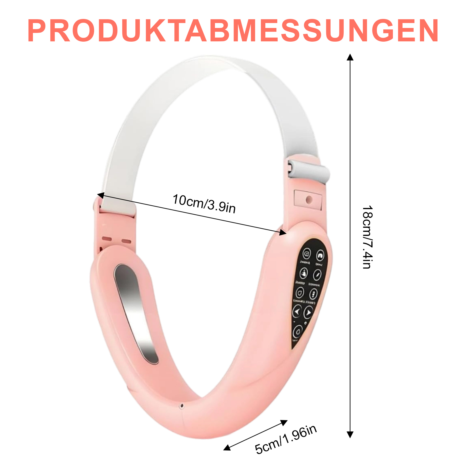 Ein rosa Gesichts-Massagegerät mit weißem Stirnband. Abmessungen sind angegeben. Der Text 'PRODUKTABMESSUNGEN' steht oben.