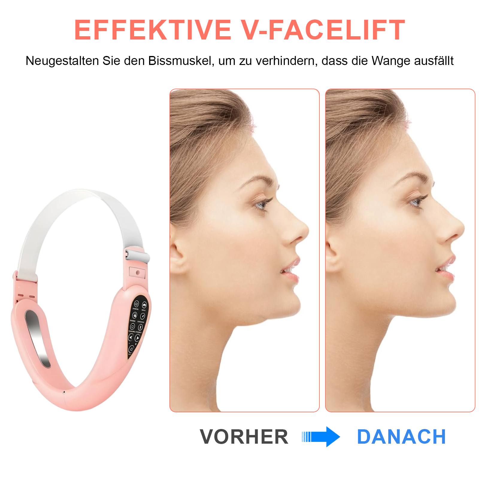 Das Bild zeigt einen Vorher-Nachher-Vergleich des Gesichts einer Frau. Links ist ein rosa Gerät zu sehen.