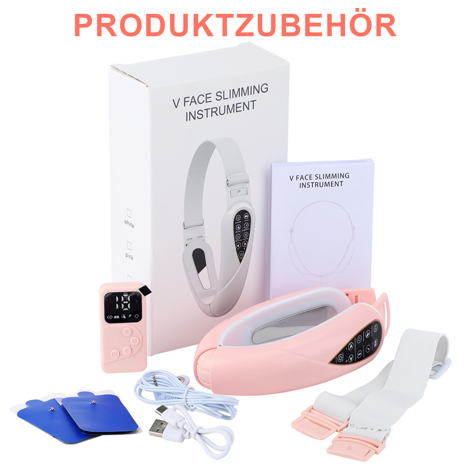 Ein V-Gesichts-Schlankheitsinstrument-Kit wird angezeigt. Es enthält ein rosa Gerät, ein weißes Band, einen Controller und eine weiße Box.