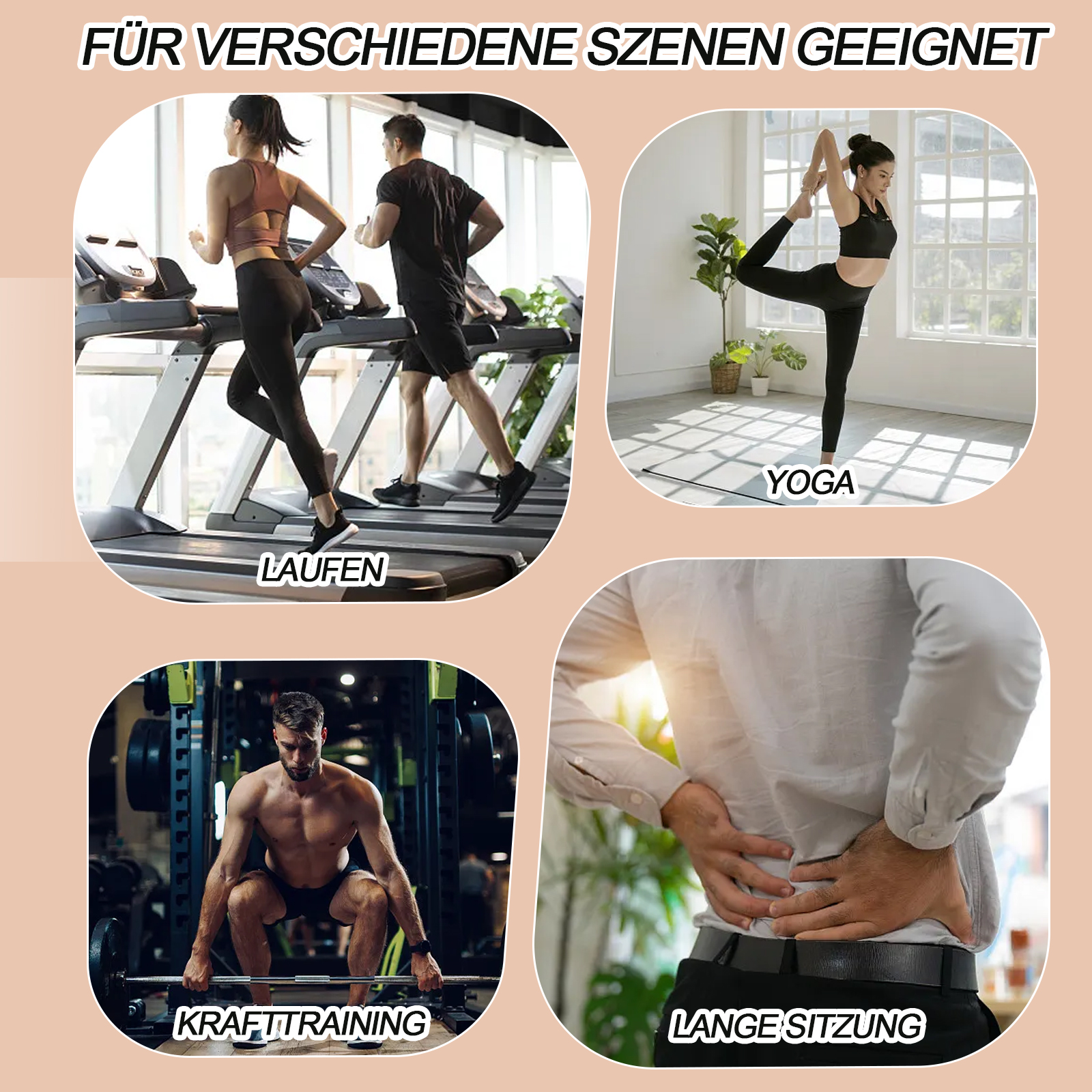 Das Bild zeigt Fitnessaktivitäten: Laufen, Yoga, Gewichtheben und eine Person mit Rückenschmerzen. Jede Aktivität ist beschriftet.
