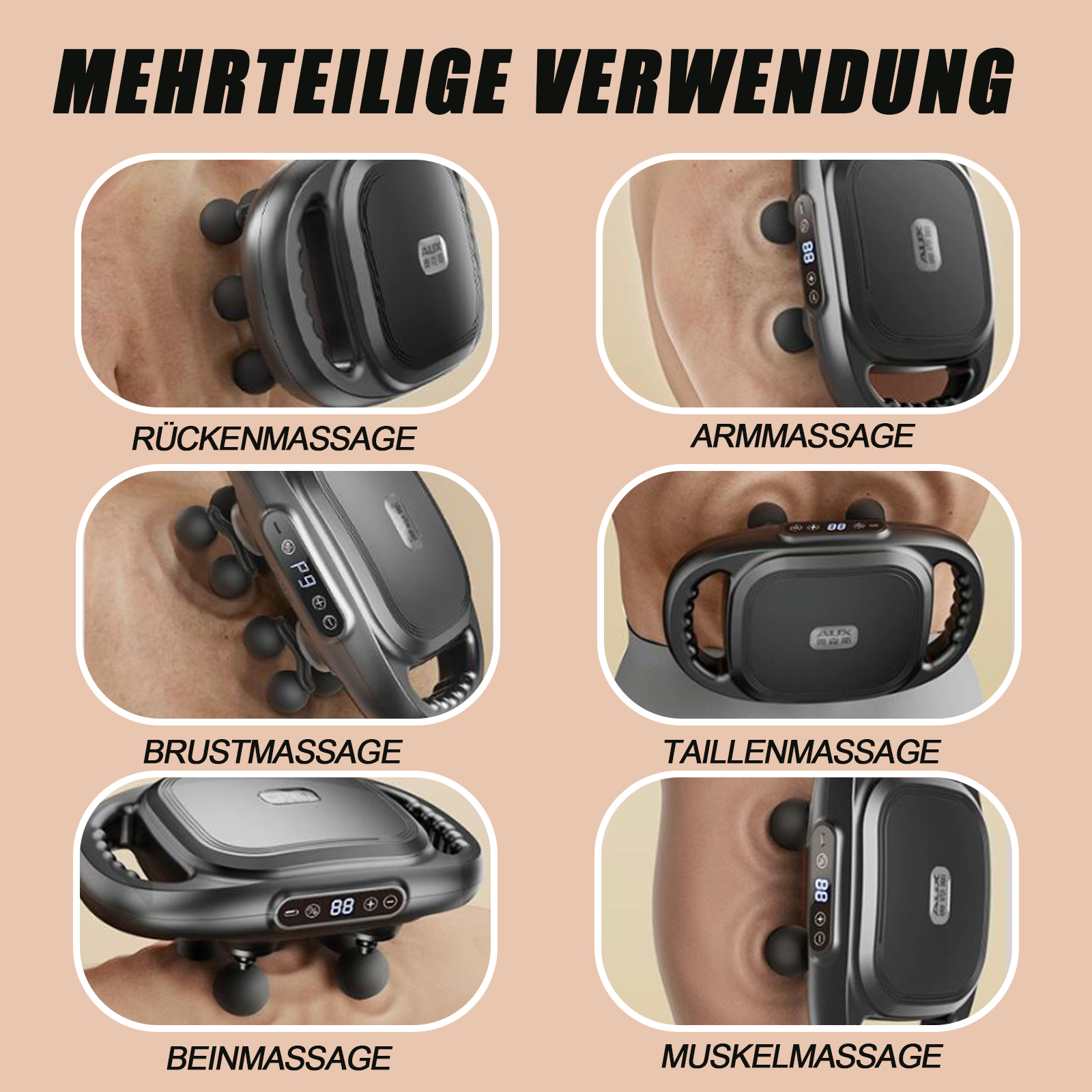 Das Bild zeigt ein Massagegerät, das an verschiedenen Körperteilen verwendet wird. Etiketten: Rücken, Arm, Brust, Taille, Beine, Muskeln.