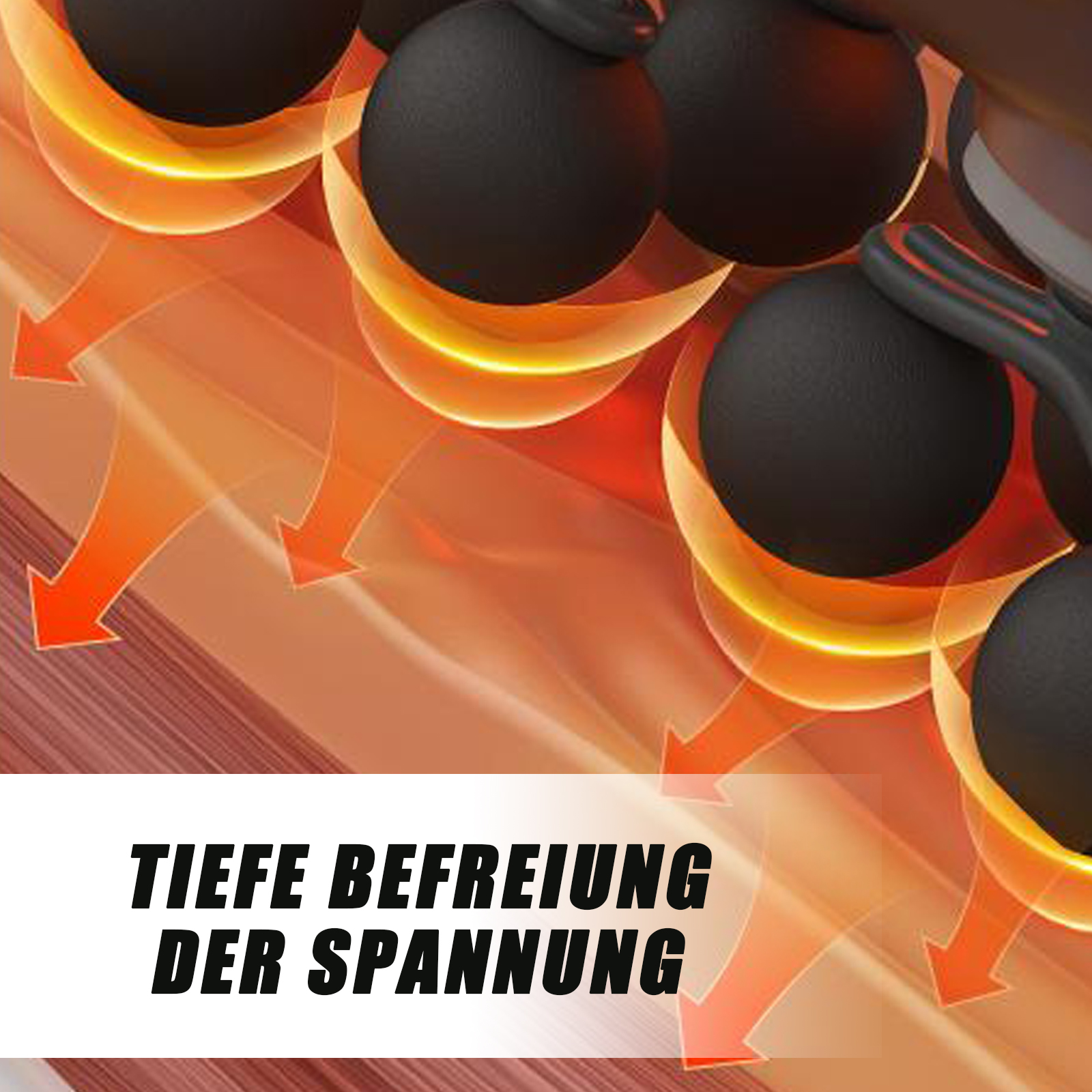 Abstraktes Bild mit schwarzen Kugeln, orangen Pfeilen und Text 'TIEFE BEFREIUNG DER SPANNUNG'. Hintergrund ist orange und braun.