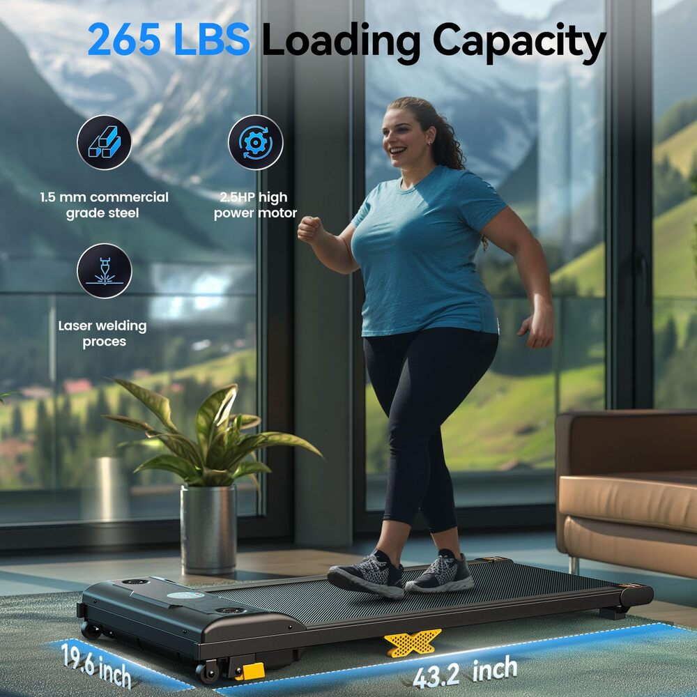 Frau geht auf einem Laufband. Es hat eine Tragfähigkeit von 265 lbs, 1,5 mm Stahl in Industriequalität und einen 2,5 PS Motor. Die Abmessungen sind 19,6 x 43,2 Zoll.