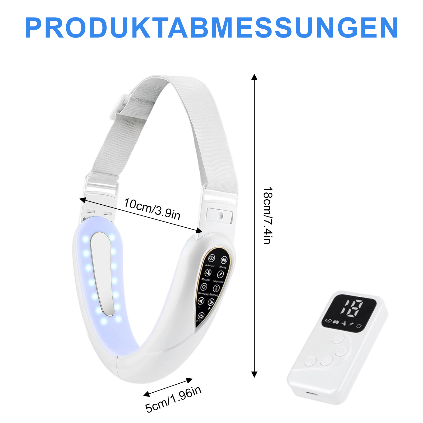 Ein weißes Gesichtsstraffungsgerät mit beschrifteten Abmessungen. Es hat eine Fernbedienung und ein Bedienfeld mit Knöpfen.