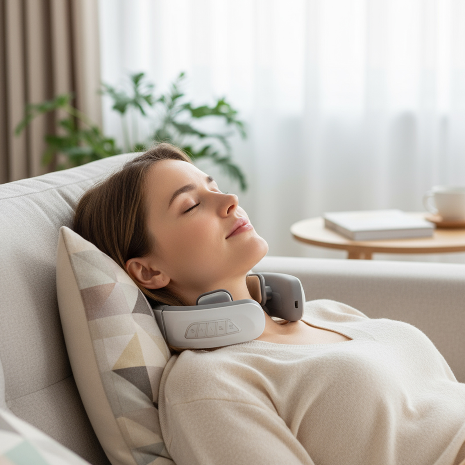 Eine Frau entspannt sich auf einem Sofa und trägt ein Nackenmassagegerät. Sie hat die Augen geschlossen. Ein Kissen, ein Couchtisch und eine Pflanze sind im Hintergrund.