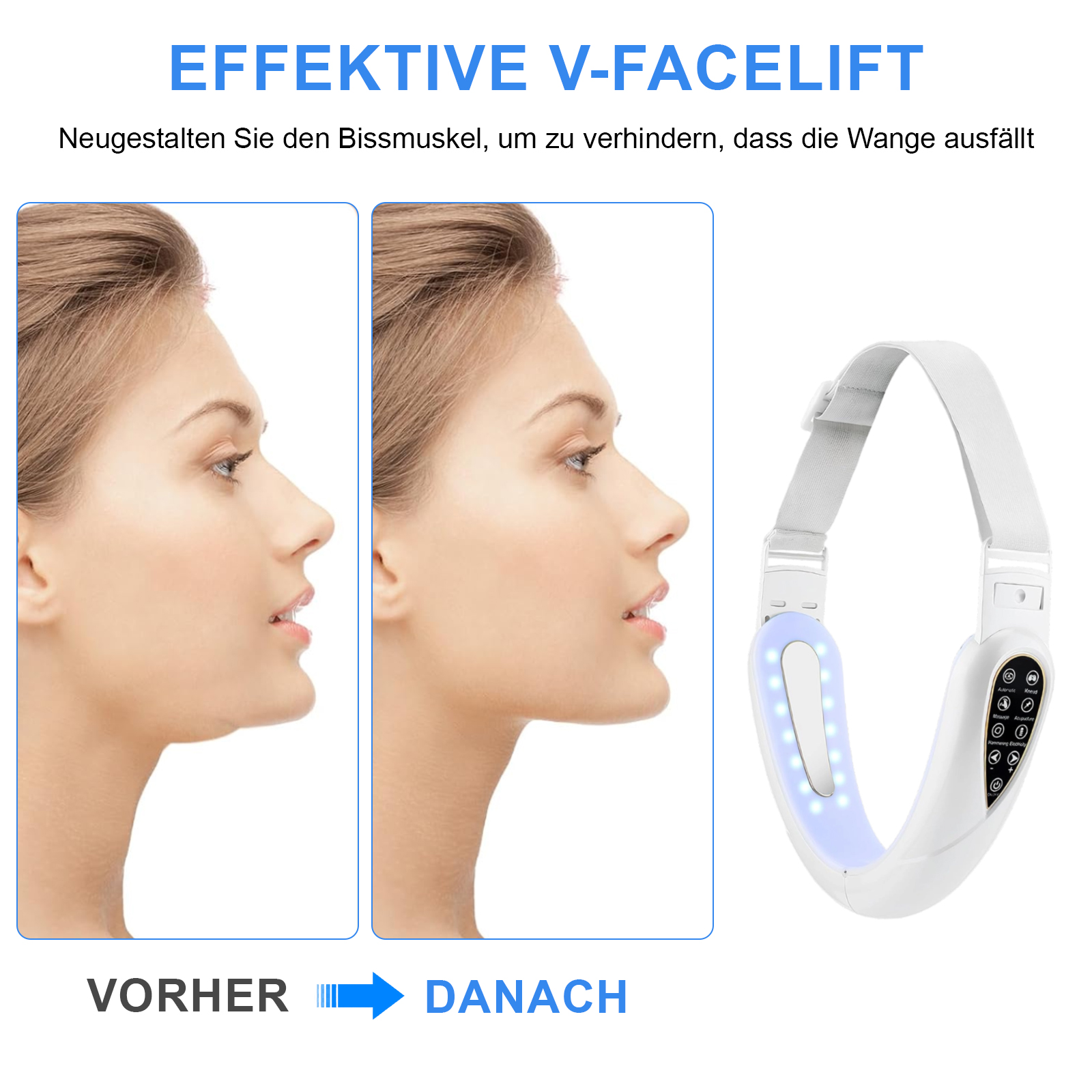 Das Bild zeigt das Gesicht einer Frau vor und nach einem V-Facelift, mit einem Gerät. Text weist auf die Funktion hin.