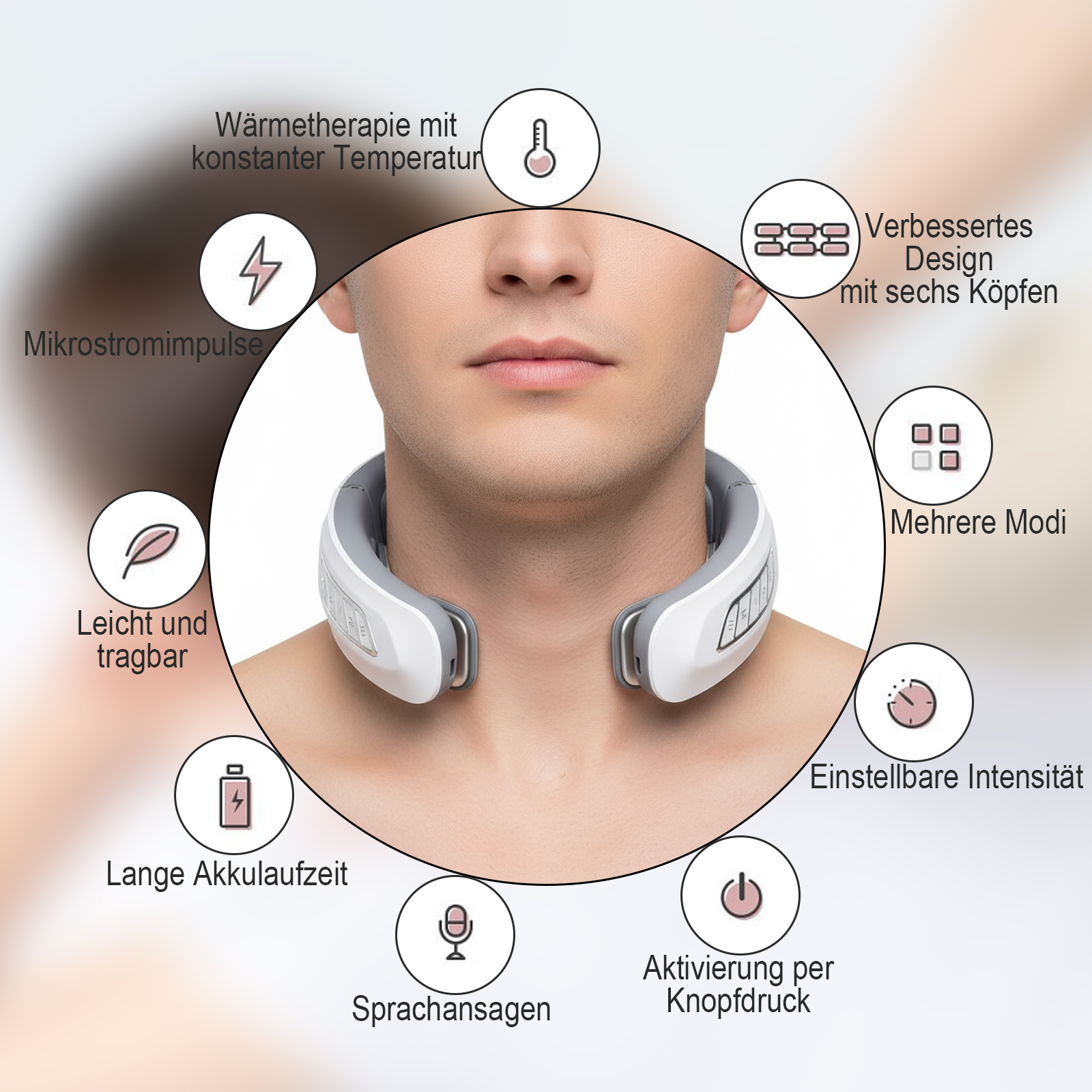 Mann mit Nackenmassagegerät. Es hat Funktionen wie Wärmetherapie, Mikrostrom und lange Akkulaufzeit.