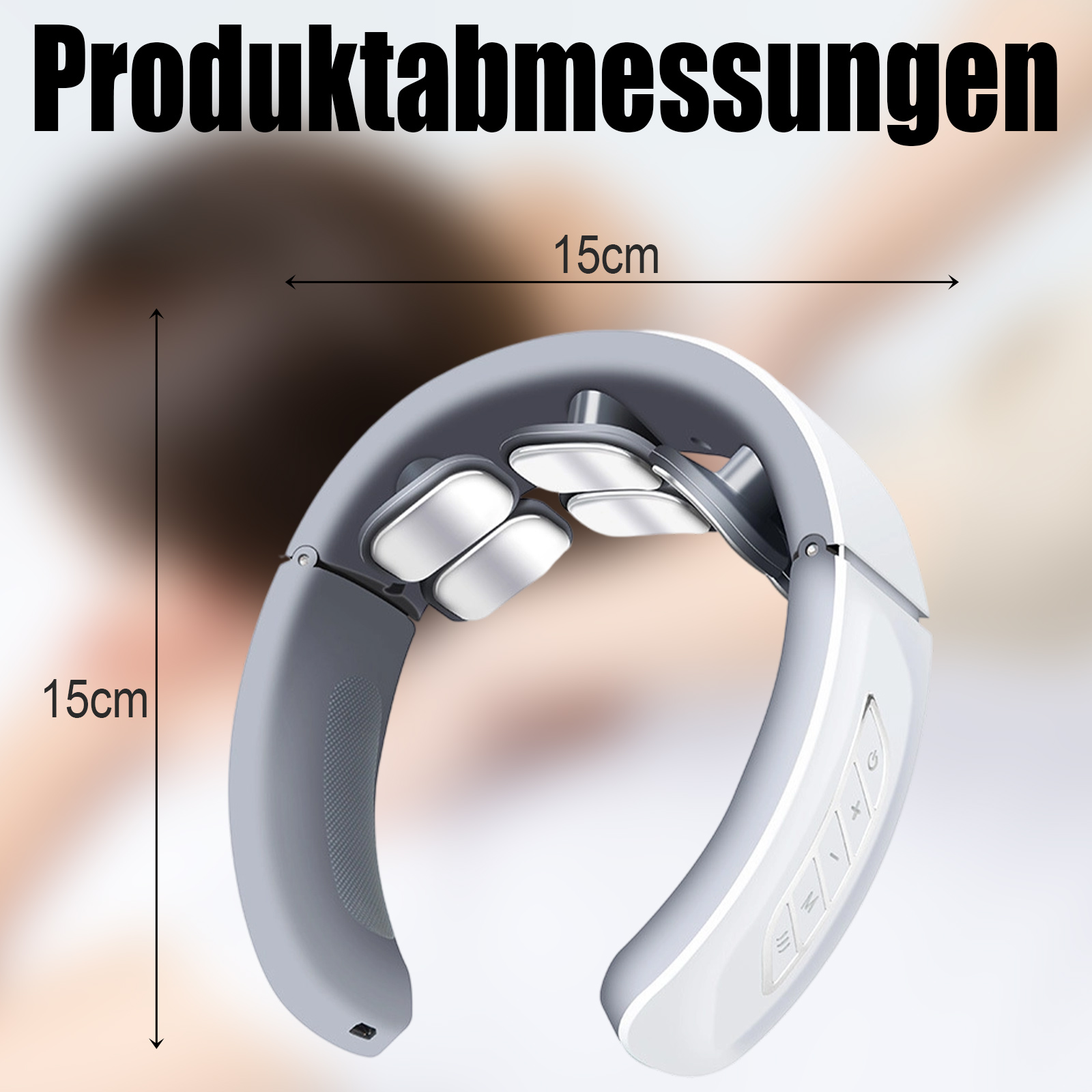 Ein weißes und graues Nackenmassagegerät, 15 cm breit und hoch. Es hat Knöpfe und Maßangaben. Der Hintergrund ist unscharf.