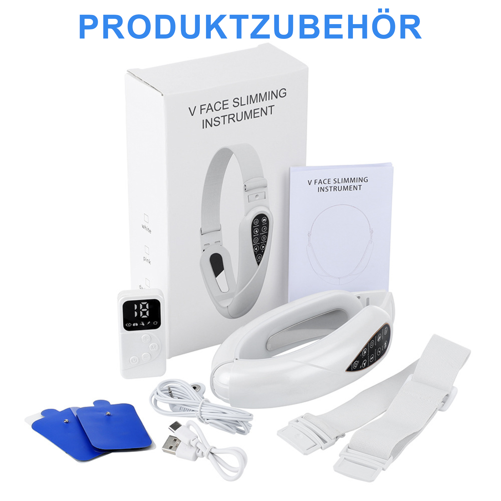 Weißes V-Gesichts-Schlankheitsinstrument-Kit mit Zubehör. Enthält Gerät, Fernbedienung, Pads, Gurte und Handbuch.