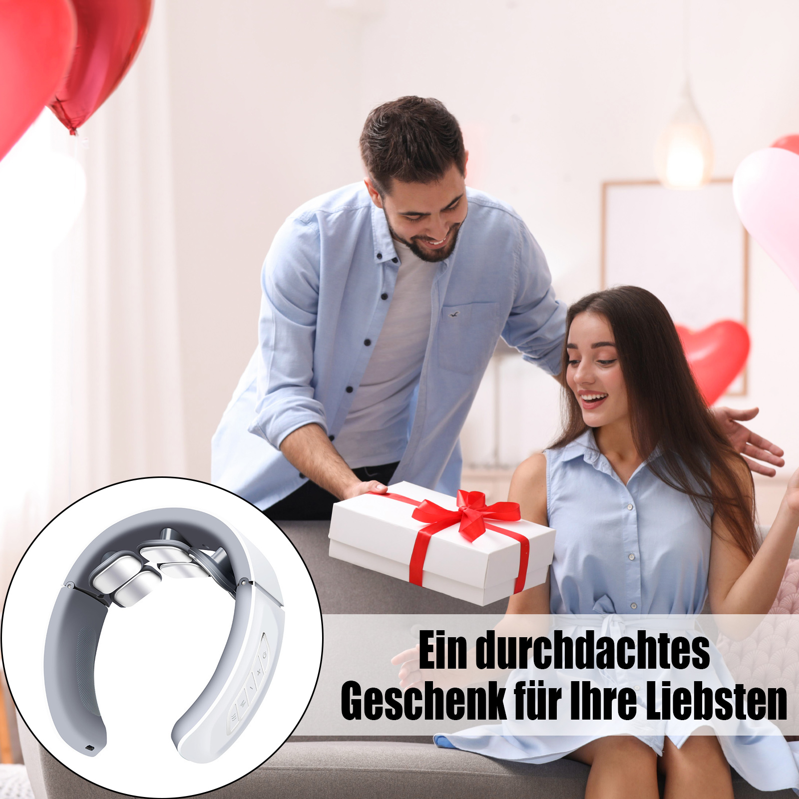 Ein Mann schenkt einer Frau ein Geschenk, ein Massagegerät ist in der Ecke abgebildet, Ballons im Hintergrund, Text sagt 'Ein durchdachtes Geschenk'.