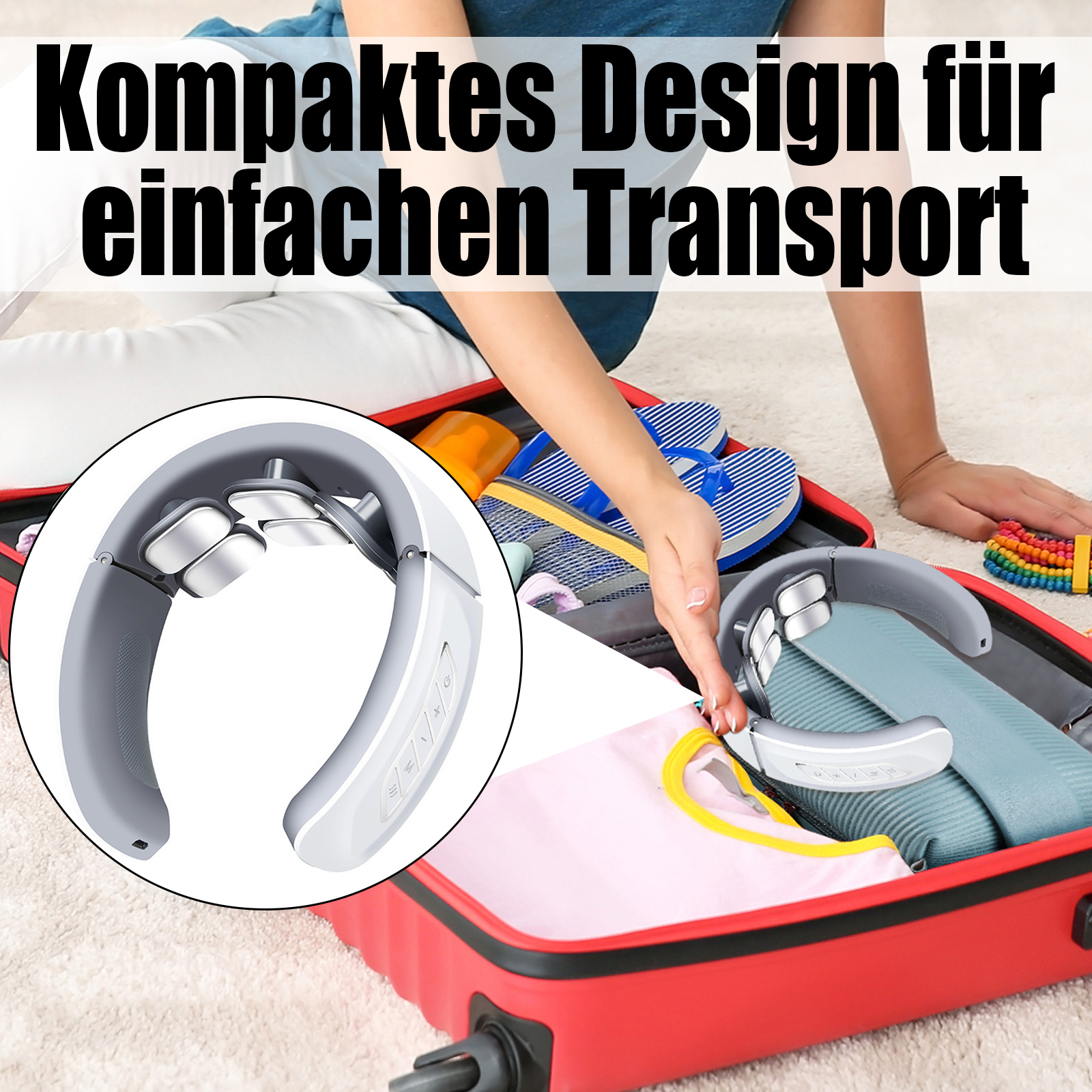 Eine Person packt einen roten Koffer mit Gegenständen, darunter ein Nackenmassagegerät. Das Bild hat deutschen Text.