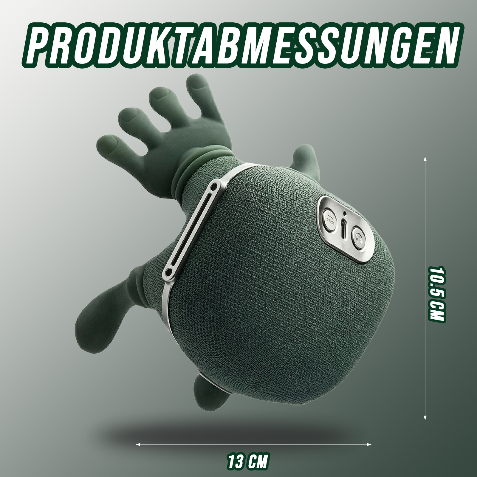 Ein grüner Lautsprecher im Handdesign, misst 13 cm x 10,5 cm, mit dem Text 'PRODUKTABMESSUNGEN'.