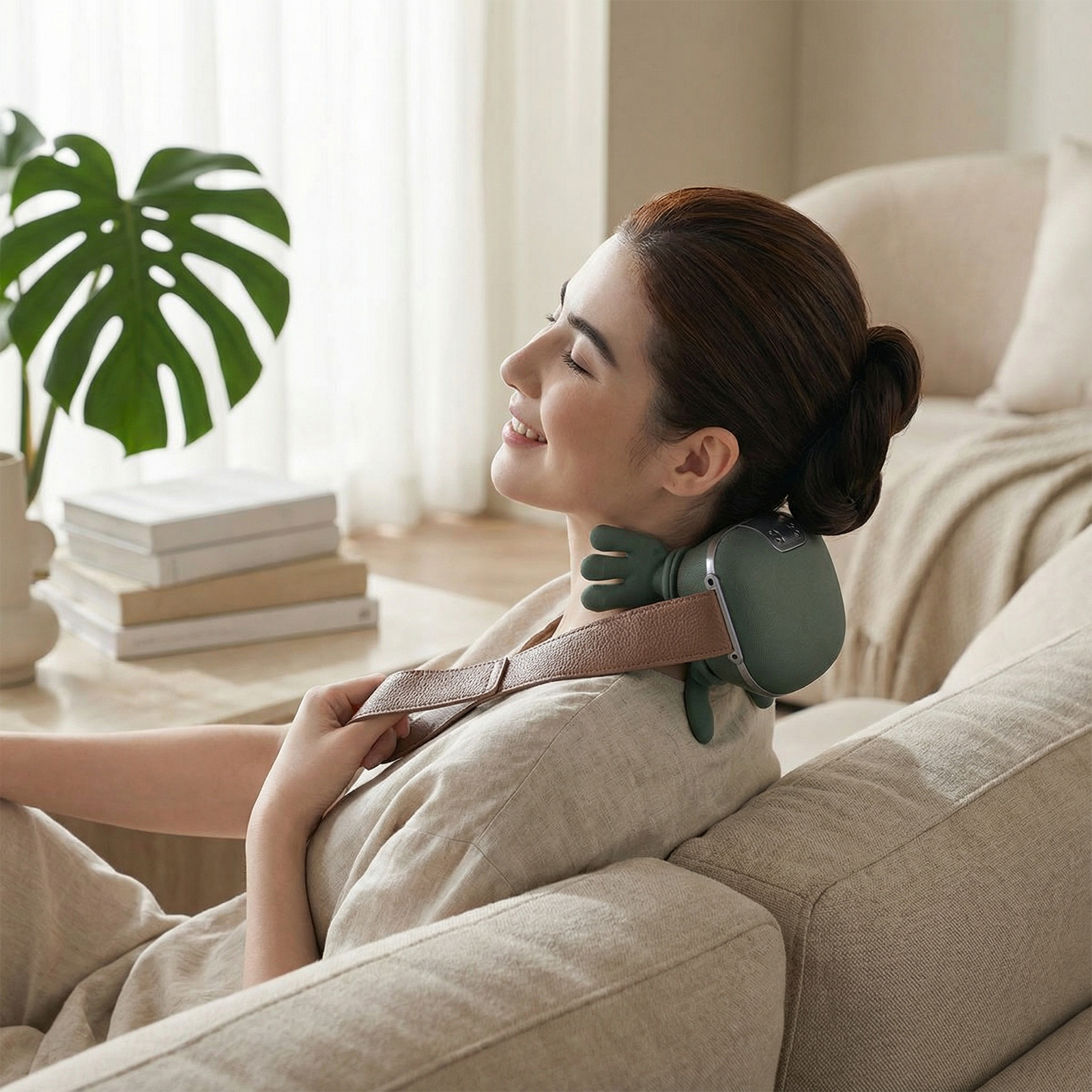 Eine lächelnde Frau entspannt sich mit einem elektrischen Nackenmassagegerät. Sie sitzt auf einem Sofa mit einer Pflanze und Büchern.