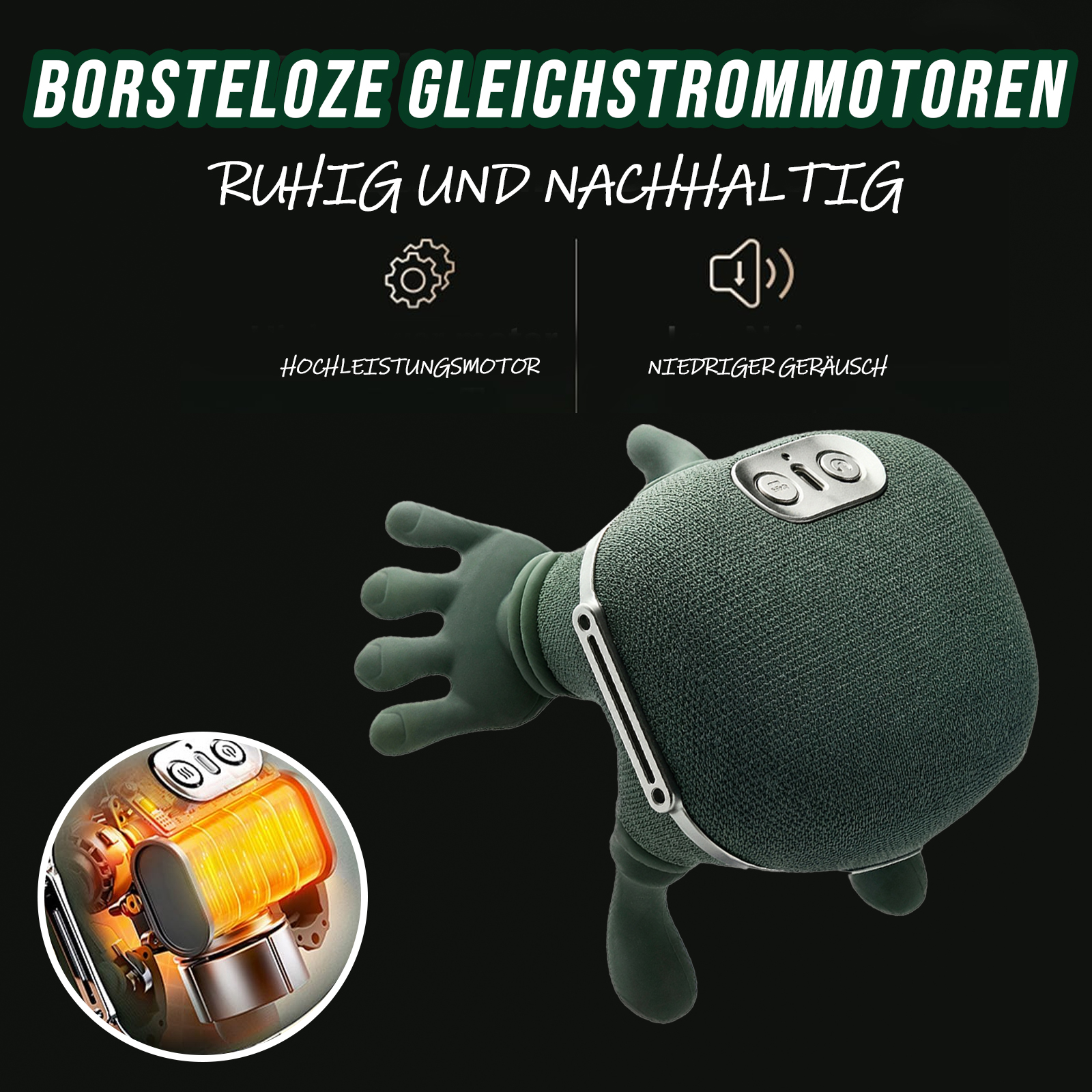 Das Bild zeigt ein grünes motorförmiges Gerät mit deutschem Text. Es hat ein kleines Motorteil und ein Lautsprechersymbol.