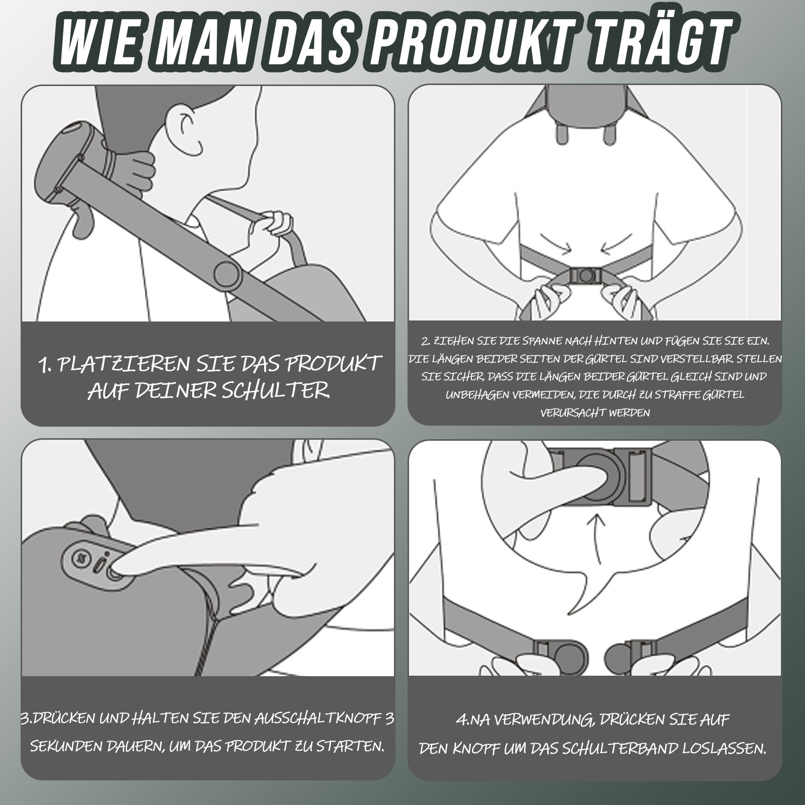 Anleitung zum Tragen eines Produkts, die Schritte mit Abbildungen zeigt: Platzieren, Einstellen der Gurte, Starten und Lösen.