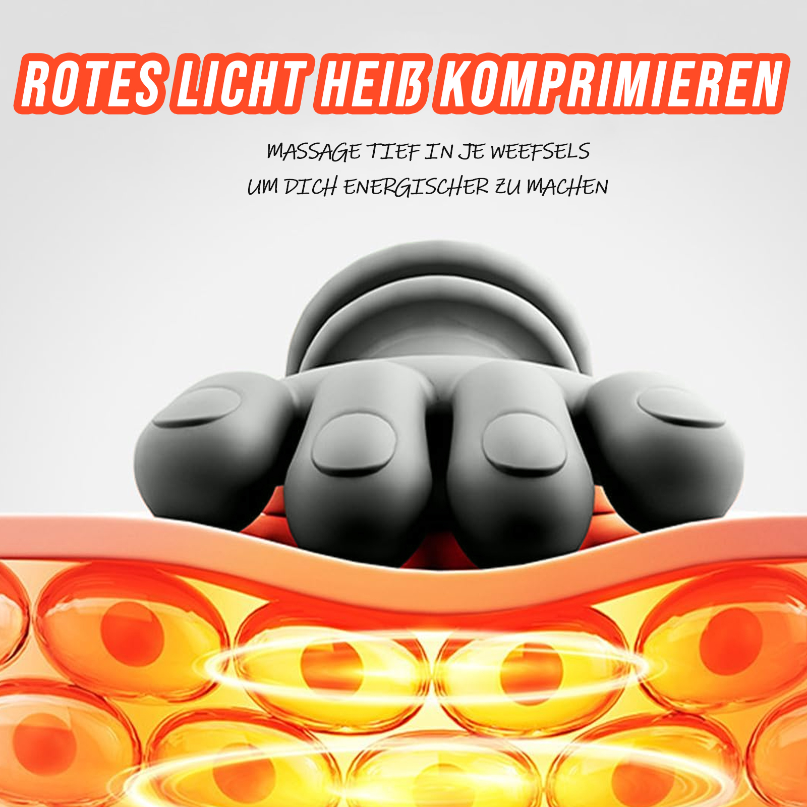 Graue Hand drückt auf Hautzellen. Text in Orange: Rotes Licht, Wärme komprimieren.