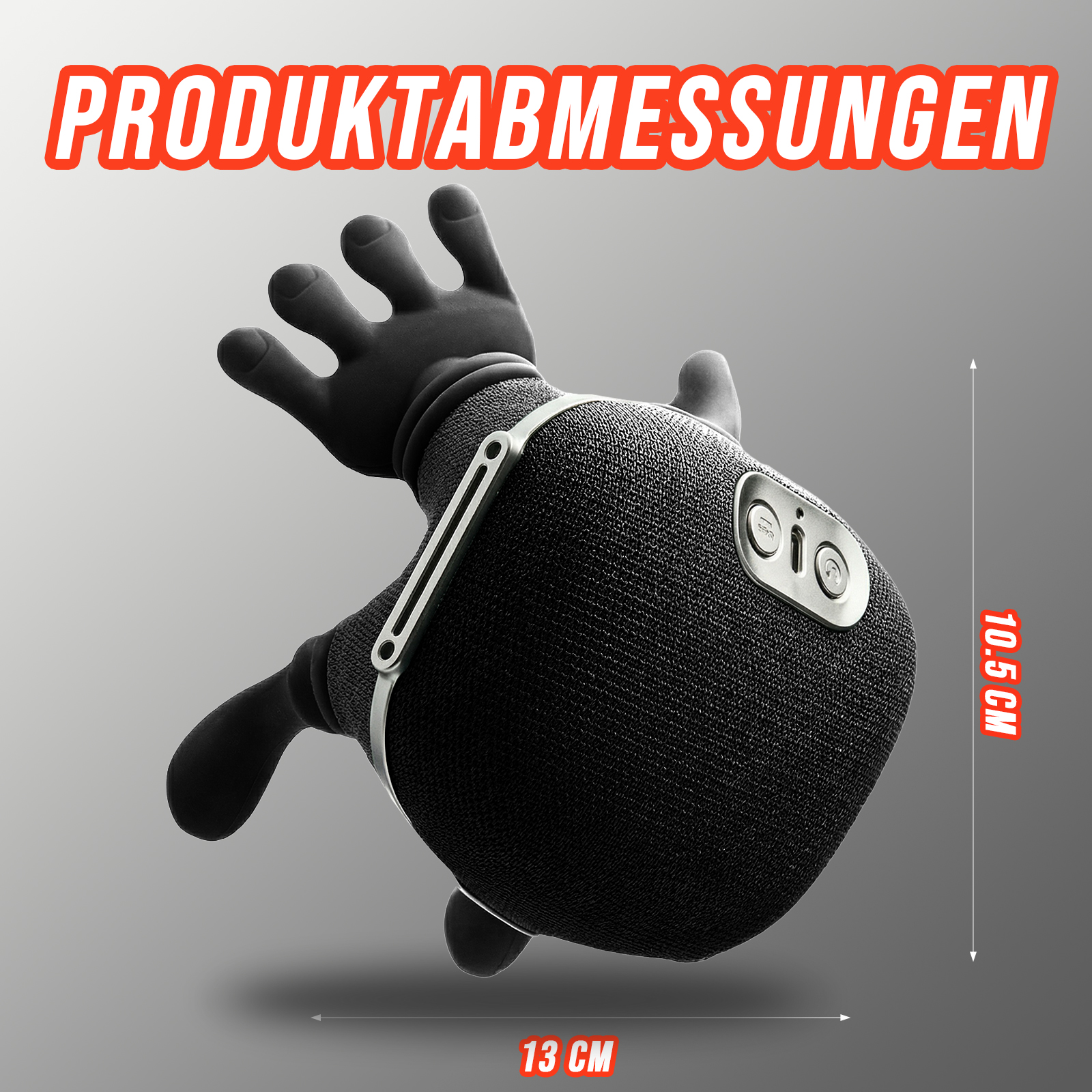 Ein schwarzer Lautsprecher mit schwarzen Händen, die Abmessungen betragen 13 cm x 10,5 cm. Das Wort PRODUKTABMESSUNGEN steht oben.